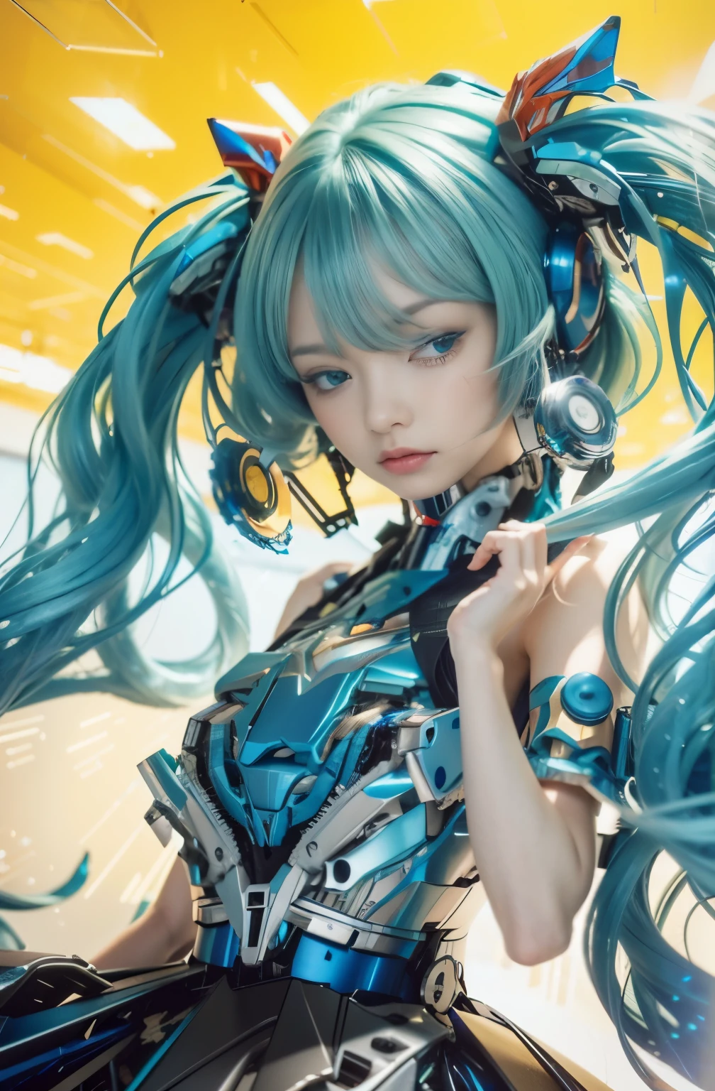 (best quality:1.2), 8k, highres, octan render, (masterpiece), extremely ultra detail, cyborgized Japanese woman, extremely ultra cute face, , skinny body, flat chest,  (blue metallic mechanical frame:1.5), (Power cables connected throughout the body), detaile up, Instead of hair, there are cables growing out of it, mechanical fusion, mechanical skeleton, bio mechanics, mechanical life-form, highly intricate detail, extremely ultra real texture, human-like skin, realistic hair, ultra realistic details, professional lighting, (realistic:1.4), (RAW photo:1.2), (photorealistic:1.5)