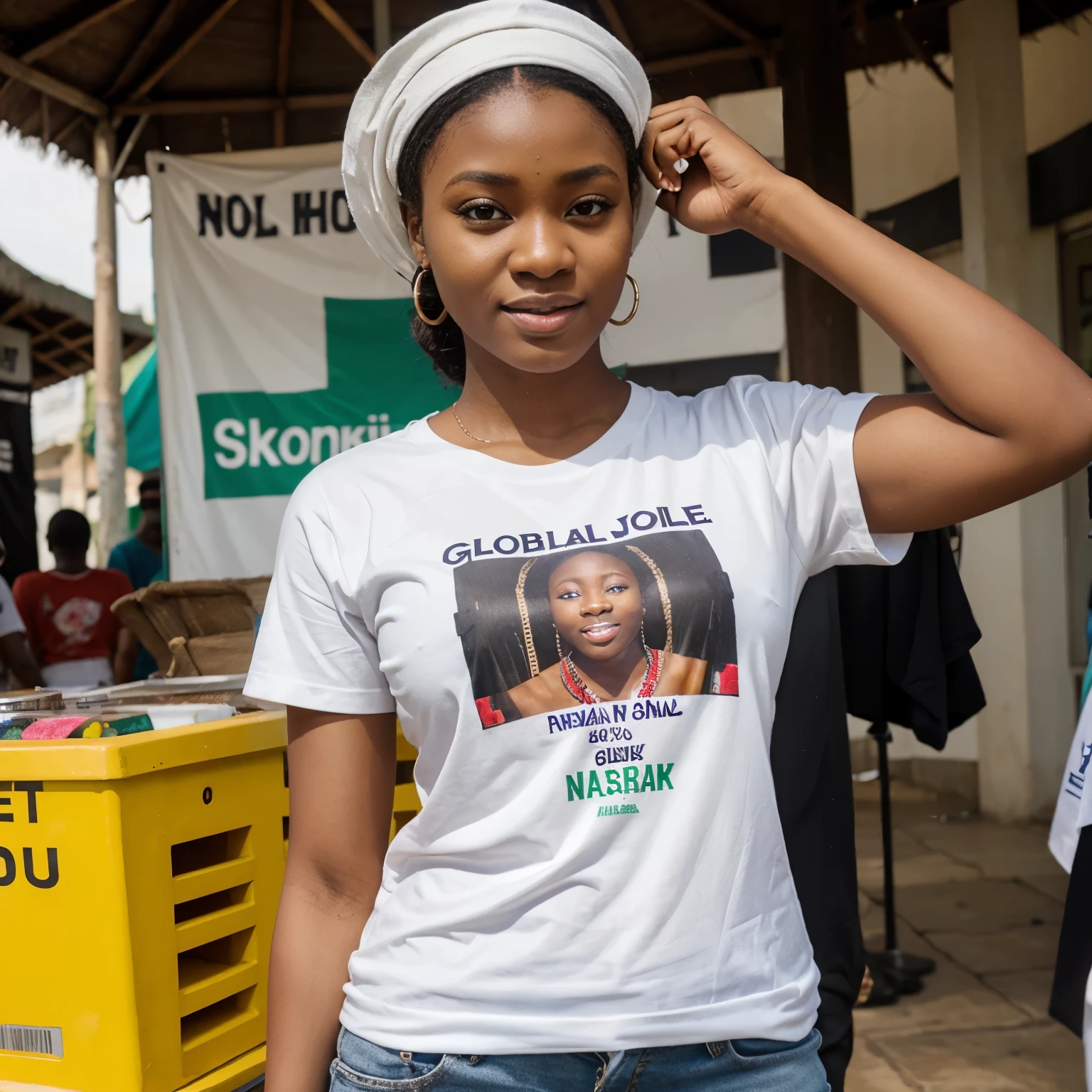 A young Nigerian Fair skinned lady wearing a customized tees inscribed with Global Joy