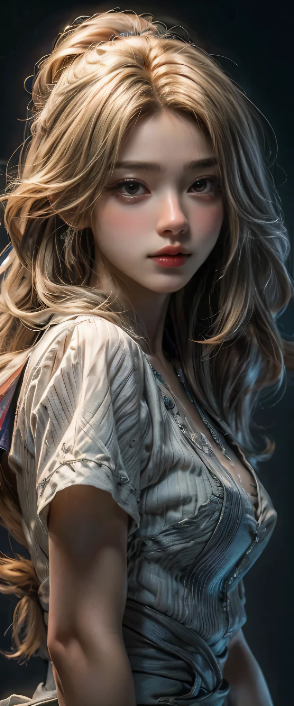 ((Masterpiece, Highest quality, Highest picture quality, high resolution, realistic, raw photos, 8k)), retro games, Nintendo, Sega, Namco, Capcom,Long blonde hair, blue eyes
