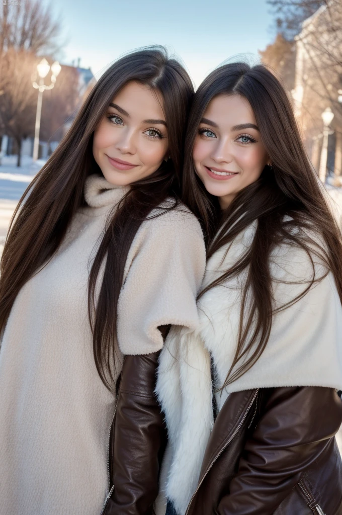 Professional photograph, best quality, 8K, hyper detailed, half body, A close up portrait of two gorgeous, beautiful, wonderful women, argentinian and russian females together posing for the camera, both women have super long hair, argentinian girl has dark brown hair and russian girl has light brown hair, the both of them are wearing winter outfits, both girls are wearing leather jackets. Both women are wonderful, dream, ethereal, timeless, majestic beauties from Argentina and Russia, hispanic and slavic dream beauties who comes to the hearts. They're glad, smiling and enjoying a day at park in winter. True friendship, they pose happy for the camera.