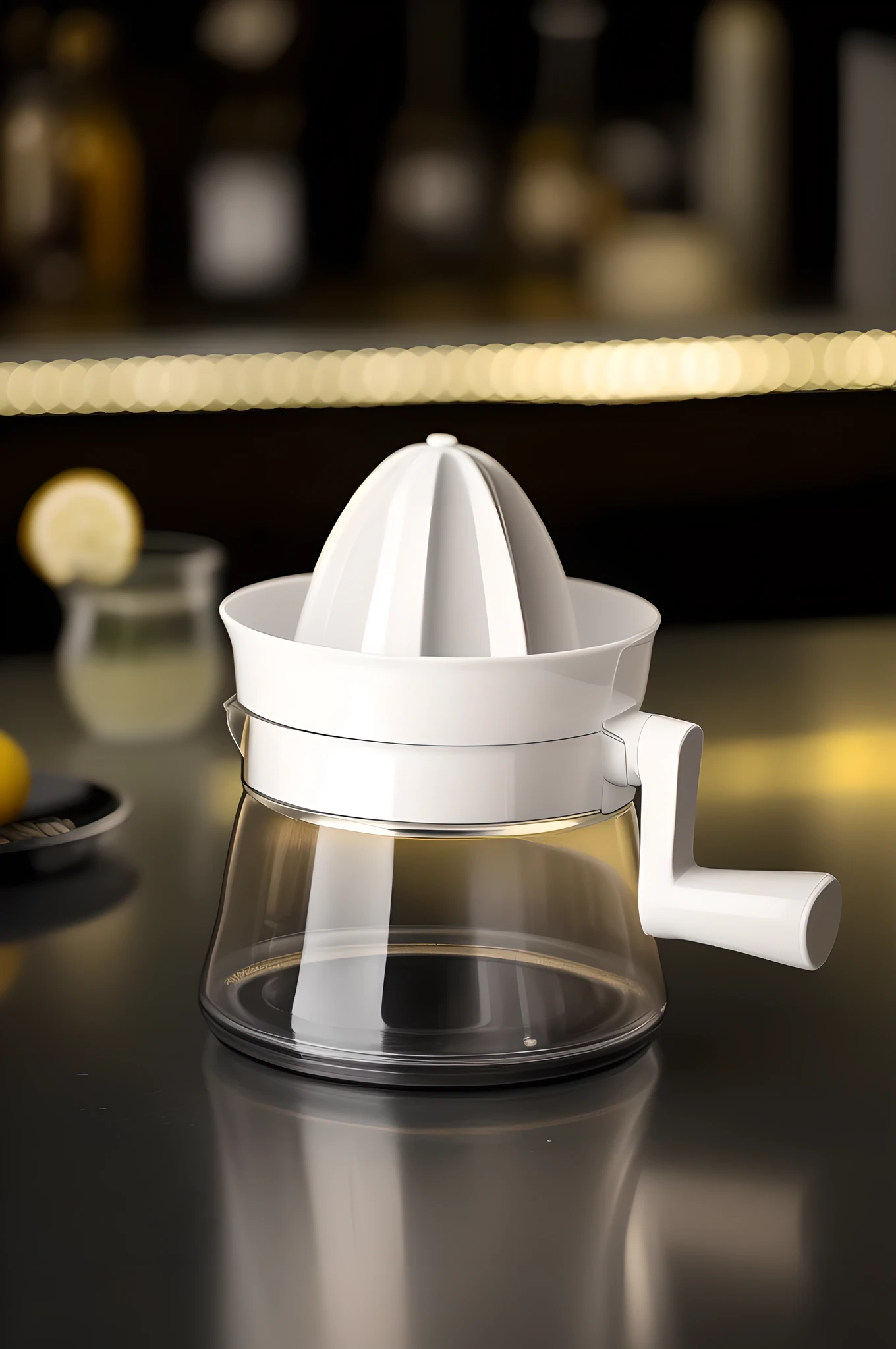 This photo captures a vibrant off-white plastic lemon squeezer mounted on a flawless, high-gloss glass jug that contrasts with the smooth, reflective surface of the dark countertop. The juicer's plastic has a brilliant sheen that highlights its smooth, flawless surface that reflects light and highlights the material's intense luster and durable qualities. The pitcher below is impeccably clear, its original translucent glass free of any smudges or dirt, enhancing its gloss and contributing to the feel of premium materials. The clarity of the kettle is so pure that it almost magnifies the juicer placed above it. In the blurred background, a series of containers suggest a cooking environment, like a kitchen, and the ambient light from above casts soft reflections on the countertops, creating a luxurious and modern atmosphere, highlighting the practical elegance and functionality of the juicer set. Design appeal.