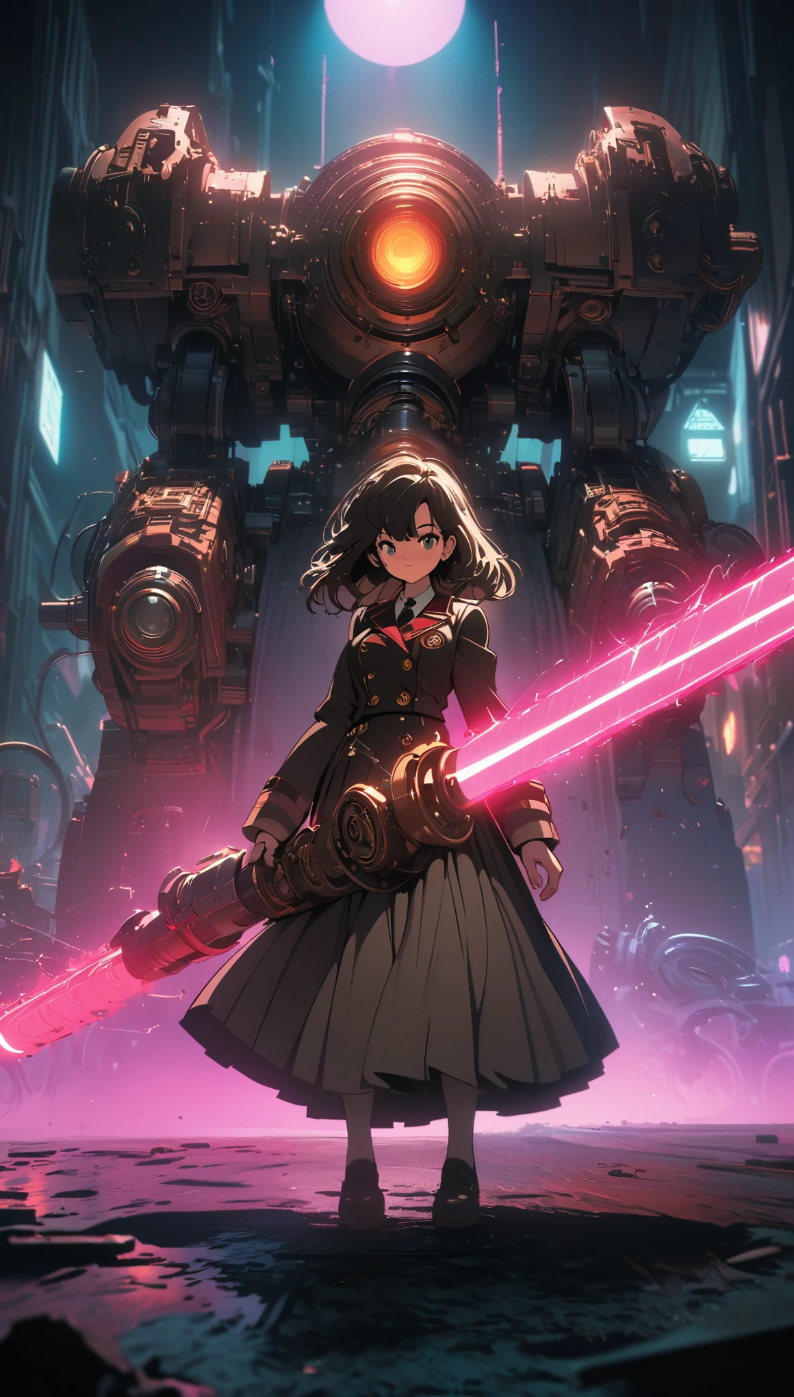 
Steampunk，JK school uniform girl，Holding a huge mechanical laser sword，Beautiful，Glowing special effects，celluloid style，Flat coating，HD，CG art，comics，8K，looking into camera，high quality，illustration，Vaporwave style，rim light，movie lighting，Super detailed，complex，OC renderer，cinematic perspective，high resolution
