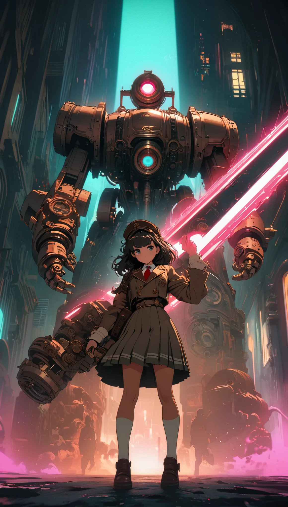 Steampunk,JK school uniform girl,Holding a huge mechanical laser sword,Beautiful,Glowing special effects,celluloid style,Flat coating,HD,CG art,comics,8K,looking into camera,high quality,illustration,Vaporwave style,rim light,movie lighting,Super detailed,complex,OC renderer,cinematic perspective,high resolution