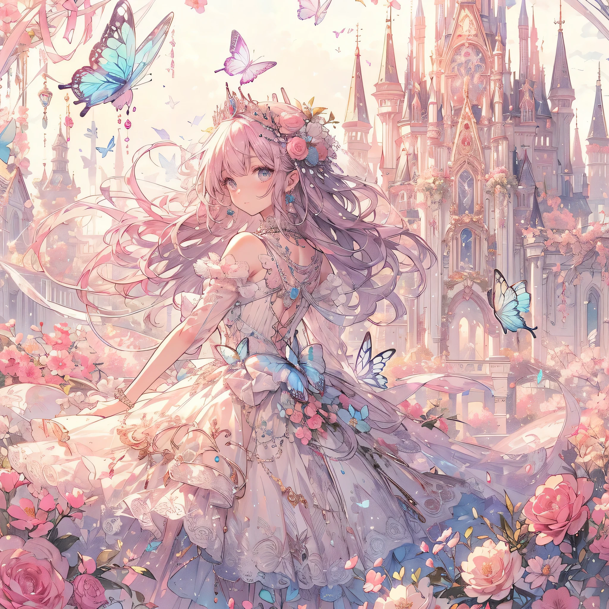 (exquisite, beautiful, very detailed, masterpiece, high quality,High resolution),(soft thin lines:1.2, Beautiful, delicate and pretty face),(Butterfly-like fairy wings growing from her back),from a little far away,body whole,The whole body is reflected,night,A fairy princess is dancing in a gorgeous baroque castle,lots of flowers,Hanabubuki,indoor,(Diamond Tiara, earrings, necklace), ((Gorgeous pastel ball gown dress:1.1, Balloon sleeves,Jewels, ribbons, lace and frills, Beautiful fairy wings from the back)), (light pink blush, plump pink lips,big bust,Fair skin, good style),watercolor style