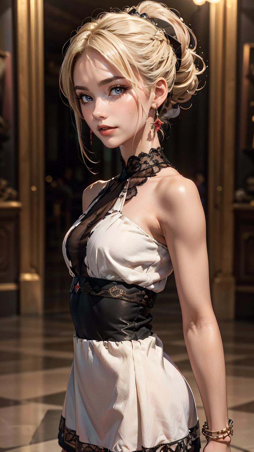 ((最high quality, 8K, masterpiece: 1.3, Ultra HD, high quality, 最high quality, High resolution, realism)) 、25 year old white woman、platinum blonde、blue eyes、I'm setting my hair、smile、Slender but well-proportioned muscular body、Athlete-like body type、I don't want my head to disappear from the screen.、Wearing red nail polish、I have a peticure、Wearing accessories on your wrist、Fringe Dresses((fringe dress))I'm wearing、Upstyle your hair、
