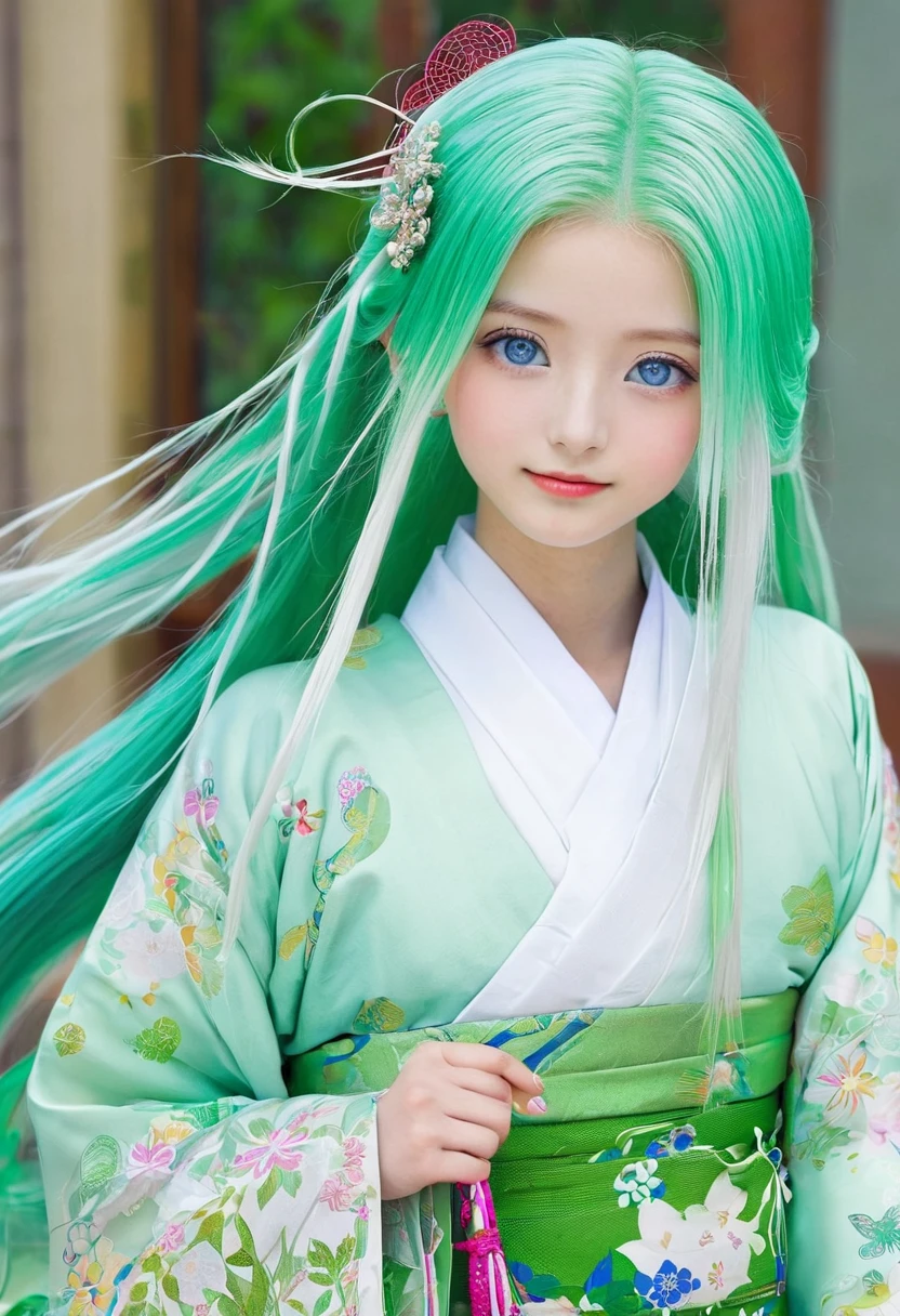 A girl called Shizuki Motori. She has blue eyes and long, white green hair. She wears beautiful shoes and beautiful clothes. She is a girl with good news. 