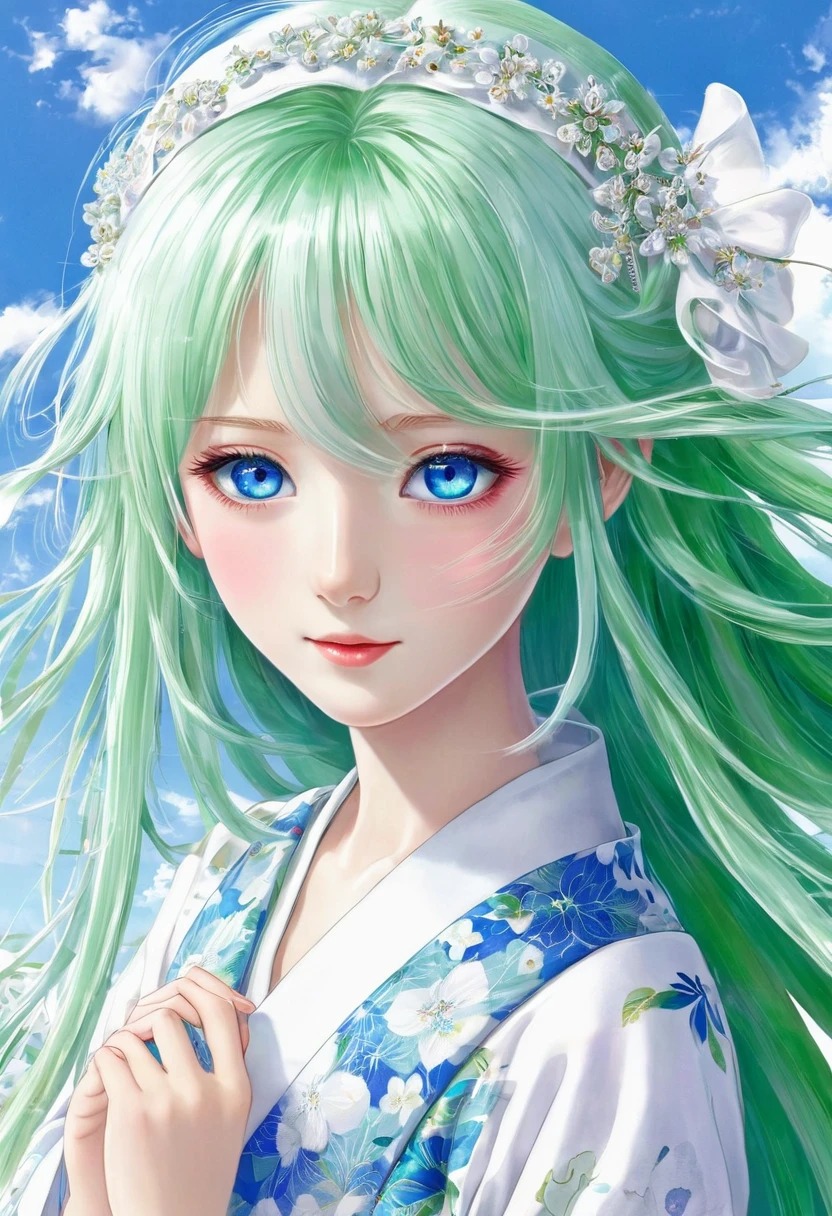 A girl called Shizuki Motori. She has blue eyes and long, white green hair. She wears beautiful shoes and beautiful clothes. She is a girl with good news.