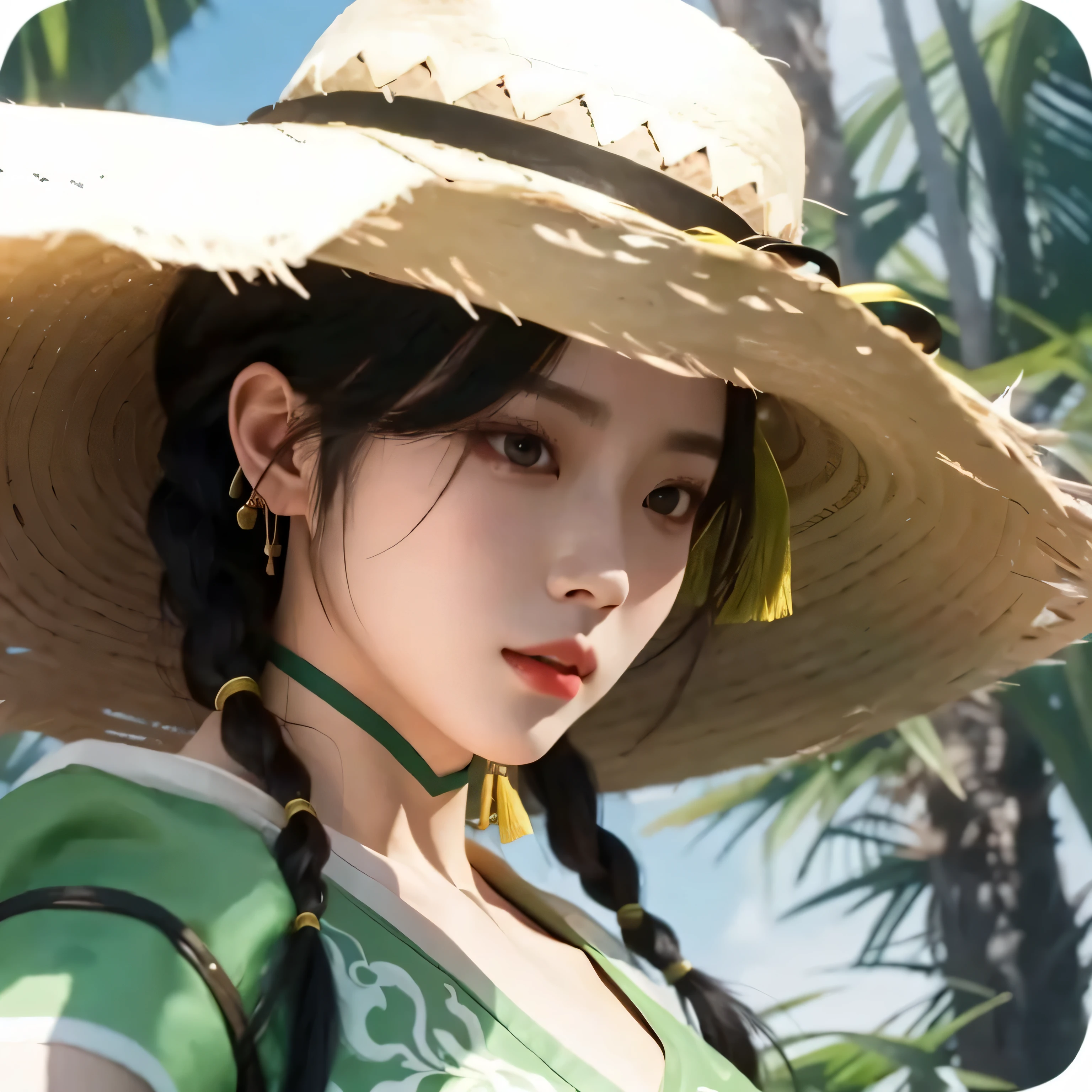there is a woman wearing a old hat and a green dress, as a character in tekken, inspired by Li Mei-shu, yun ling, mai shiranui, kunoichi, xianxia hero, inspired by Cao Zhibai, inspired by Leng Mei, inspired by Wu Zuoren, lei min, masuimi max, mei-ling zhou