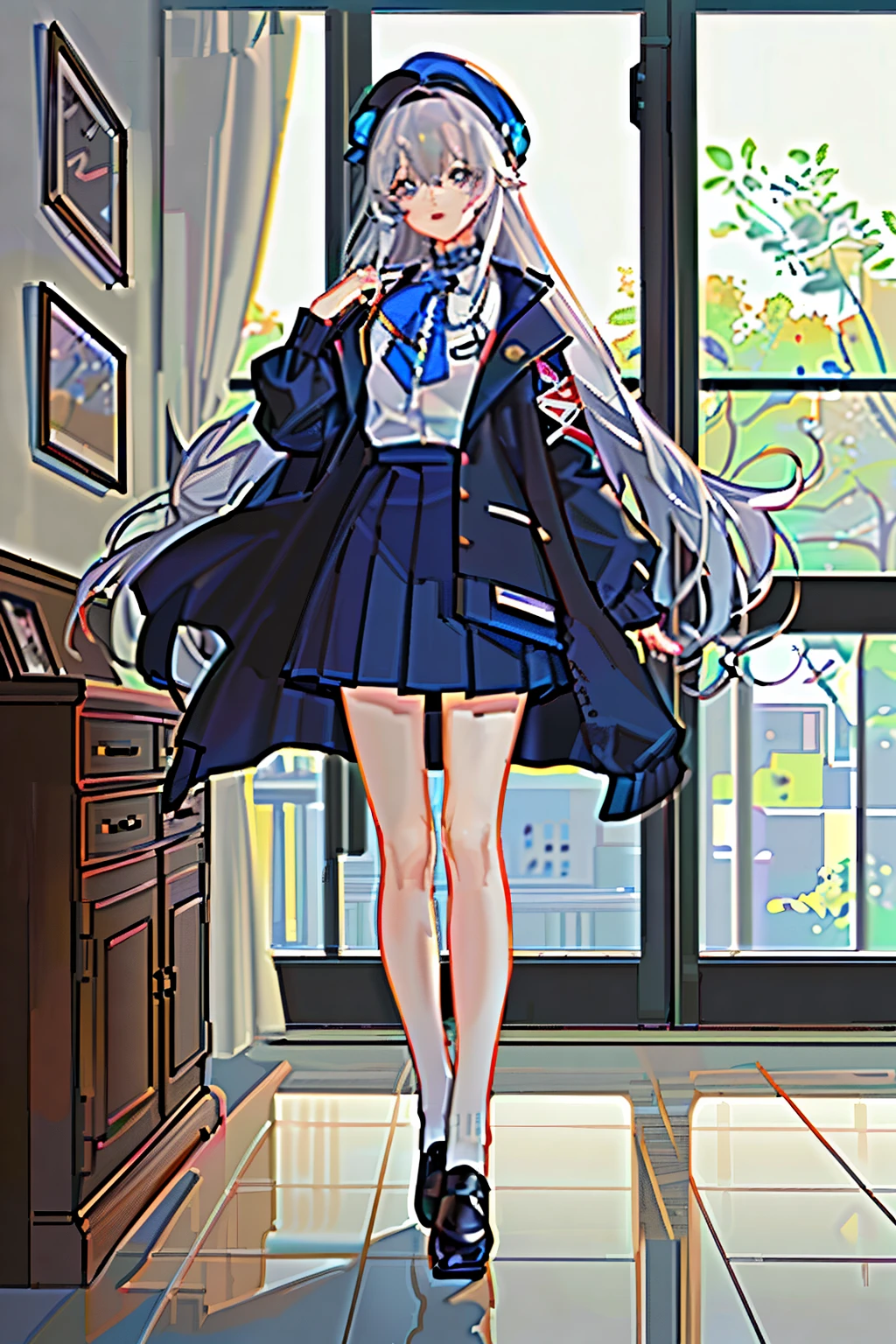 （（high resolution））、（（masterpiece））、girl、gray hair、blue eyes、blue jacket、long sleeves、black skirt、white inner