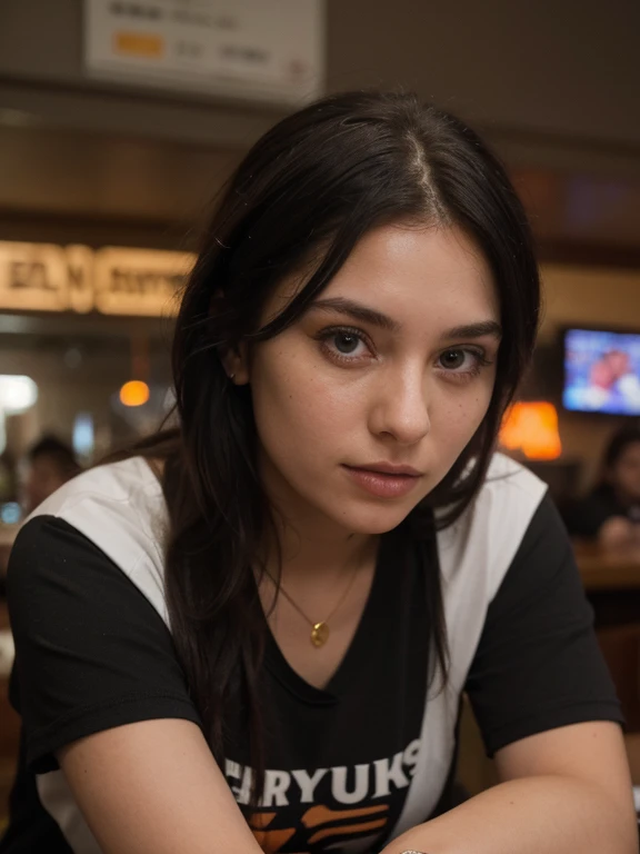 ((1girl)), Solo, (((Very detailed face)))), ((Very detailed eyes and face))), without cleavage, with Full dress, a beautiful girl with dyed black straight hair waiting at a bar wearing her favorite sports team colors black and orange t-shirt, Wearing gold jewelry She's looking at the television favorite team with other people in the background