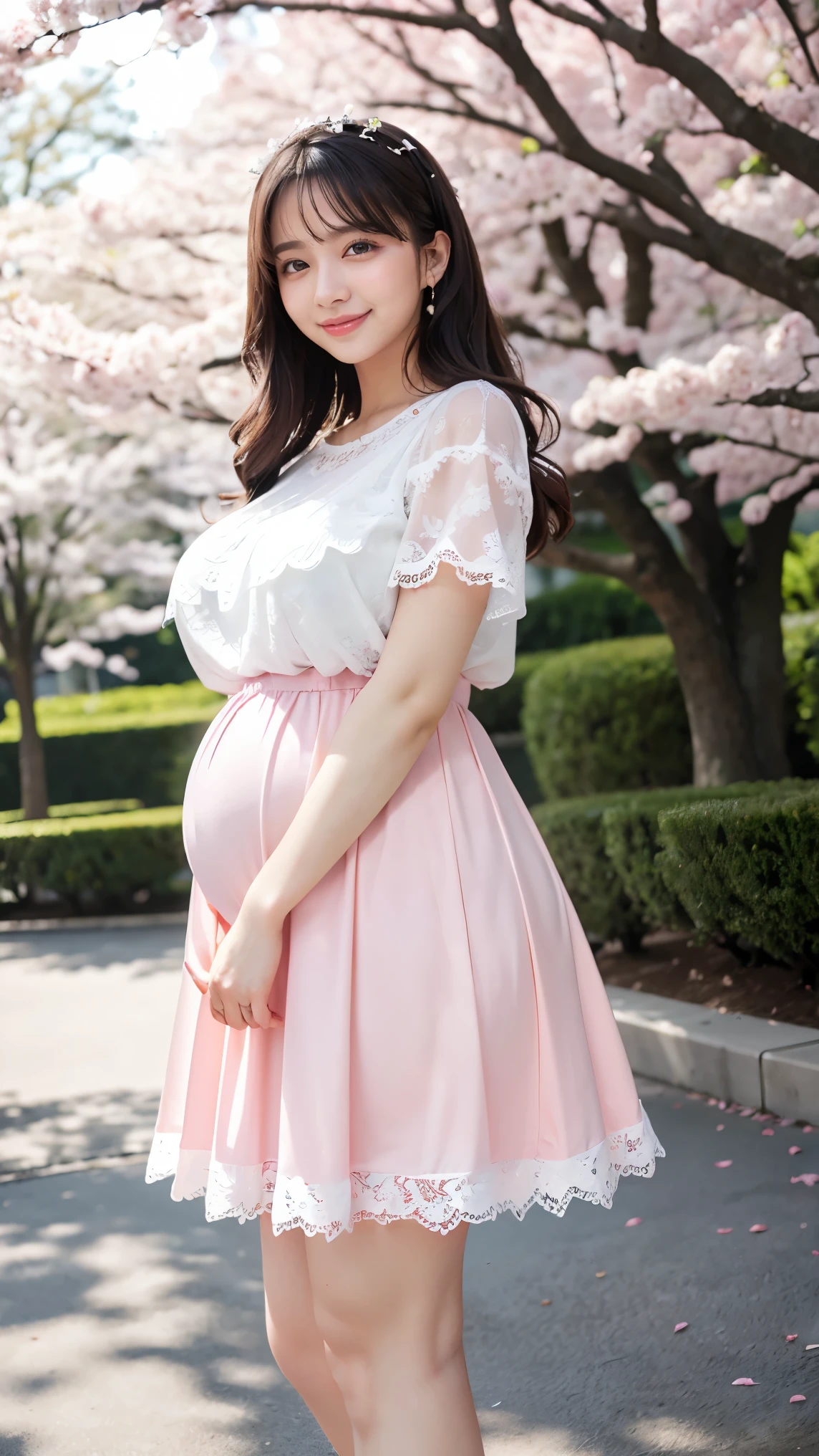 (highest quality、masterpiece、8K、best image quality、hyper realism、Award-winning work)、1 female、(alone:1.1)、(Girly Lolita T-shirt with white lace decoration:1.1)、(Very thin, sheer pink long skirt:1.1)、(Strongly blurred beautiful park background:1.1)、The most natural and perfect beautiful grass park、Perfectly maintained lawn park、Blurred cherry blossom tree in full bloom in the background、beautiful sunlight filtering through the foliage、Tyndall effect、epic movie lighting、blurred background、(Standing gracefully:1.2)、Head to foot photo、(emphasize body line:1.1)、(thick legs:1.1)、(glamorous body:1.1)、(big ass:1.2)、(big breasts:1.1)、(short height:1.3)、(Height: 140cm:1.3)、accurate anatomy、perfect makeup、long eyelashes、glossy lips、Ultra high definition glossy skin、(Ultra-high definition bright and beautiful skin:1.1)、超高精細のglossy lips、Super high definition beautiful teeth、(late pregnancy:1.1)