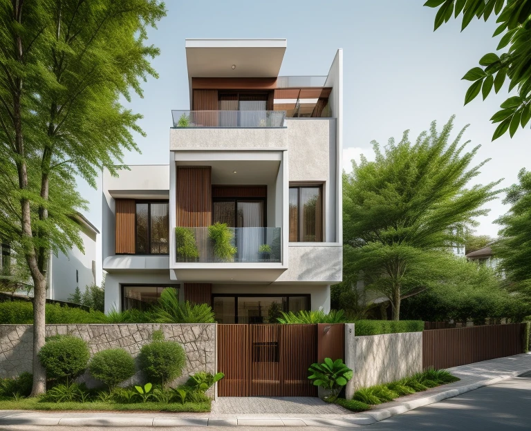 modern townhouse, street view, plants, ((streetcapes)), nice day, (stone on facade) door, window,[stone fence], (wood:0.6), clear sky, RAW photo, (high detailed skin:1.2), 8k UHD, DSLR, soft lighting, high quality, film grain, Fujifilm XT3