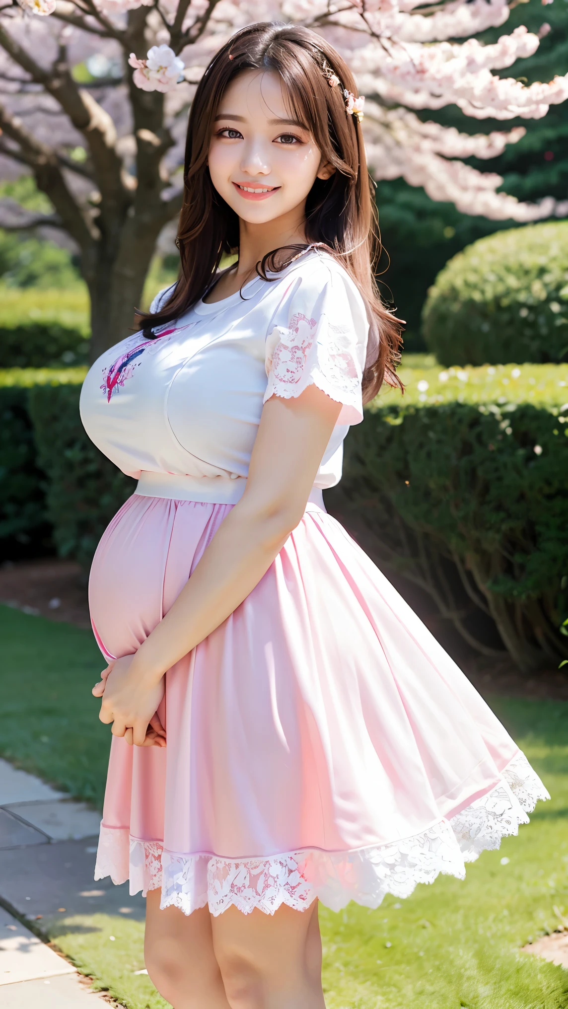 (highest quality、masterpiece、8K、best image quality、hyper realism、Award-winning work)、1 female、(alone:1.1)、(Girly ta T-shirt with white lace decoration:1.1)、(Very thin, sheer pink long skirt:1.1)、(Strongly blurred beautiful park background:1.1)、The most natural and perfect beautiful grass park、Perfectly maintained lawn park、Blurred cherry blossom tree in full bloom in the background、beautiful sunlight filtering through the foliage、Tyndall effect、epic movie lighting、blurred background、(Standing gracefully:1.2)、Head to foot photo、(emphasize body line:1.1)、(thick legs:1.1)、(glamorous body:1.1)、(big ass:1.1)、(big breasts:1.1)、(short height:1.3)、(Height: 140cm:1.3)、accurate anatomy、perfect makeup、long eyelashes、glossy lips、Ultra high definition glossy skin、(Ultra-high definition bright and beautiful skin:1.1)、超高精細のglossy lips、Super high definition beautiful teeth、(late pregnancy:1.1)