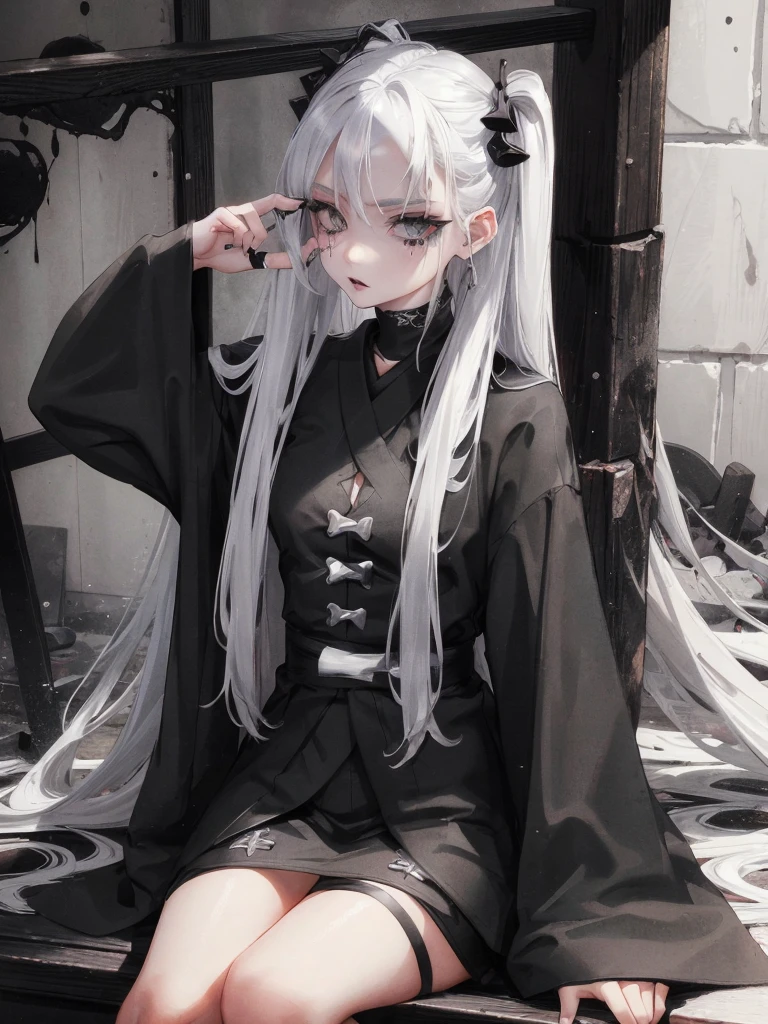 Masterpiece, best quality, high quality, ultra detailed, 1girl, looking at viewer, white hair, gray eyes, black lipstick, black shirt, sitting on a white floor, demon girl, gothcore, 1 7 - year - old, goth girl, japanese gothic, gothic punk style, black metal style, hands on head