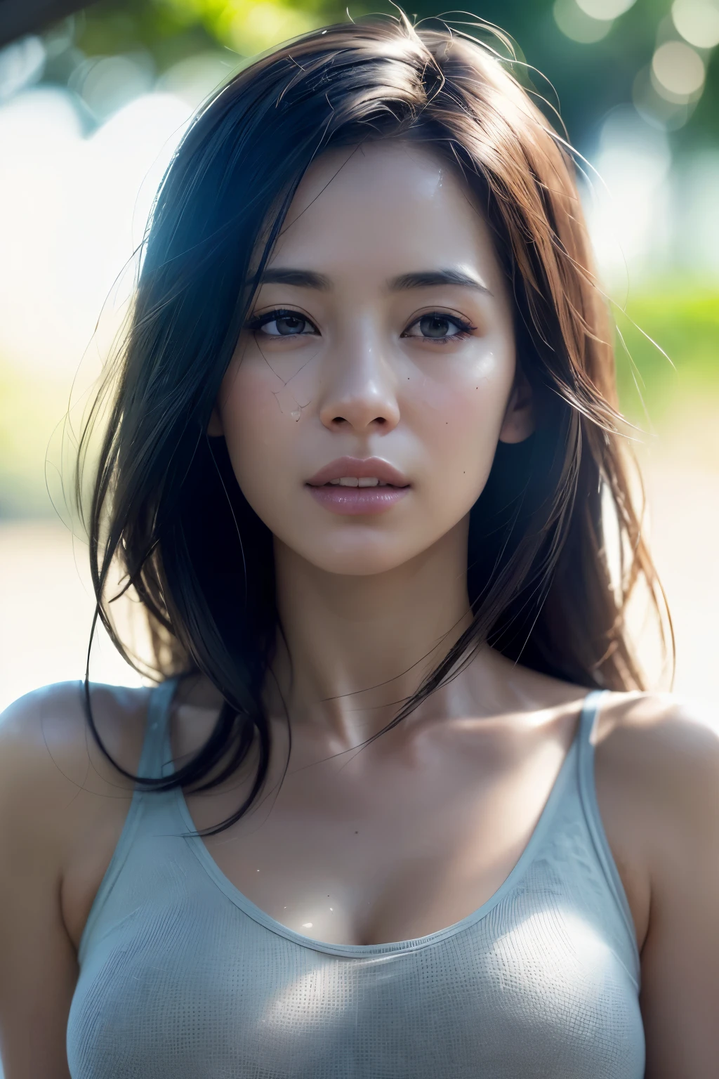 dressed, (photo realistic:1.4), (hyper realistic:1.4), (realistic:1.3),
(smoother lighting:1.05), (increase cinematic lighting quality:0.9), 32K,
1girl,20yo girl, realistic lighting, backlighting, light on face, ray trace, (brightening light:1.2), (Increase quality:1.4),
(best quality real texture skin:1.4), finely detailed eyes, finely detailed face,
(tired and sleepy and joy), (laugh:0), face closeup, t-shirts,
(Increase body line mood:1.1), (Increase skin texture beauty:1.1)