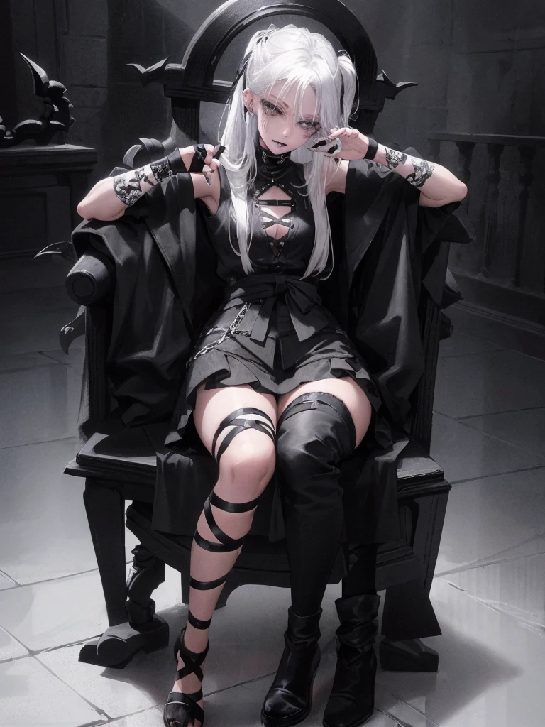 Masterpiece, best quality, high quality, ultra detailed, 1girl, looking at viewer, white hair, gray eyes, black lipstick, black shirt, sitting on a white floor, demon girl, gothcore, 1 7 - year - old, goth girl, japanese gothic, gothic punk style, black metal style, hands on head