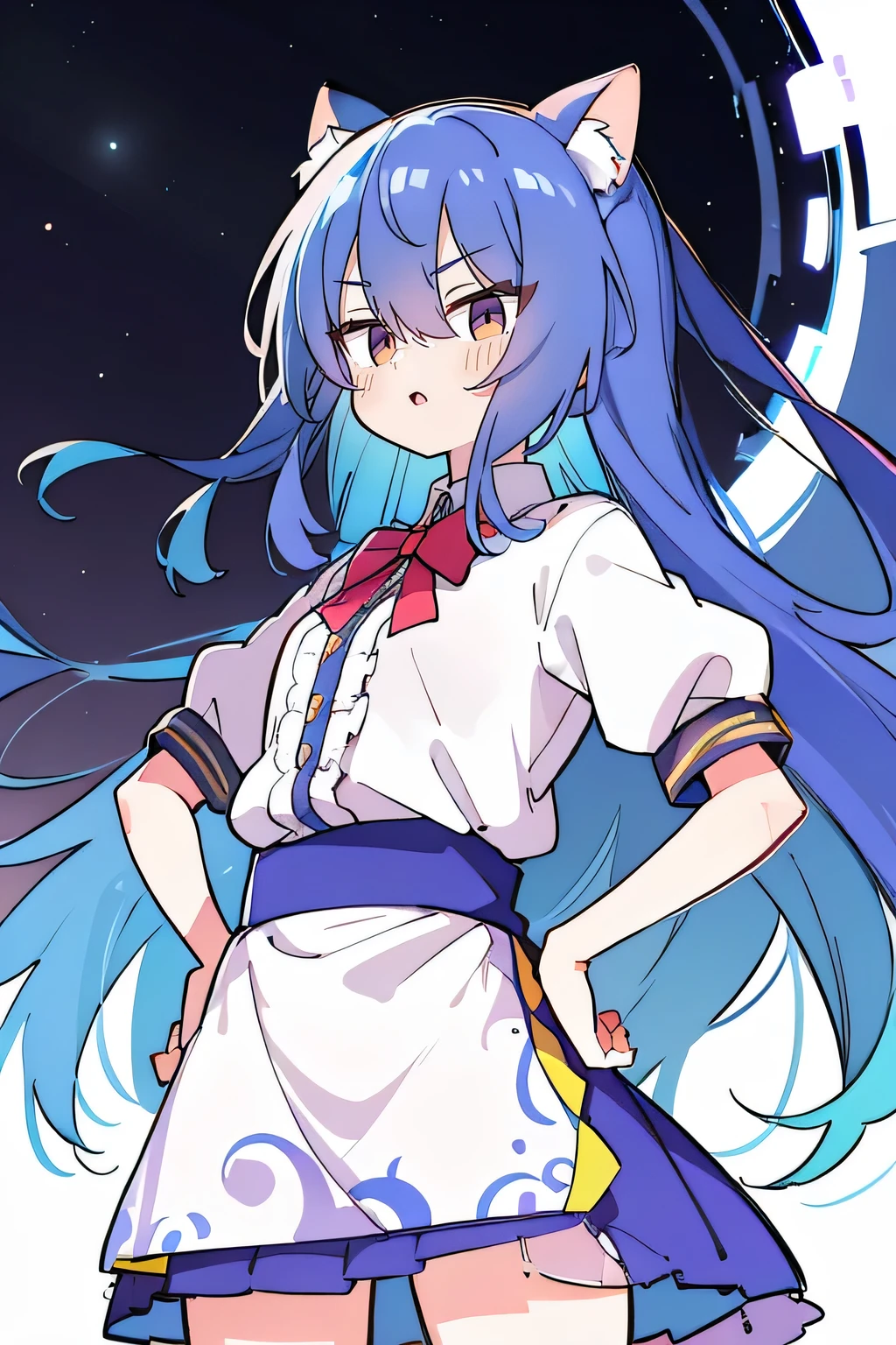 (masterpiece),best quality, expressive eyes, perfect face, 1girl,
Put your hands on your waist,fair, Gorgeous,Japanese cartoons,girl,lola,Hina Angel, blue hair, blue haired, floating clothes,Grab your waist, Grab your waist, hands on hips , hands on hips,flat chest,cat ear,starry sky,Starry sky eyes,