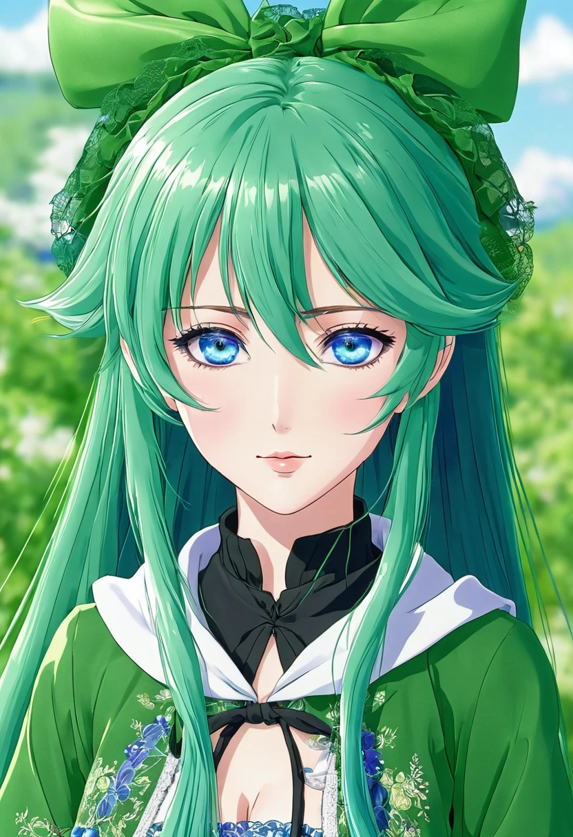 An anime girl with blue eyes, long green hair, and beautiful clothes