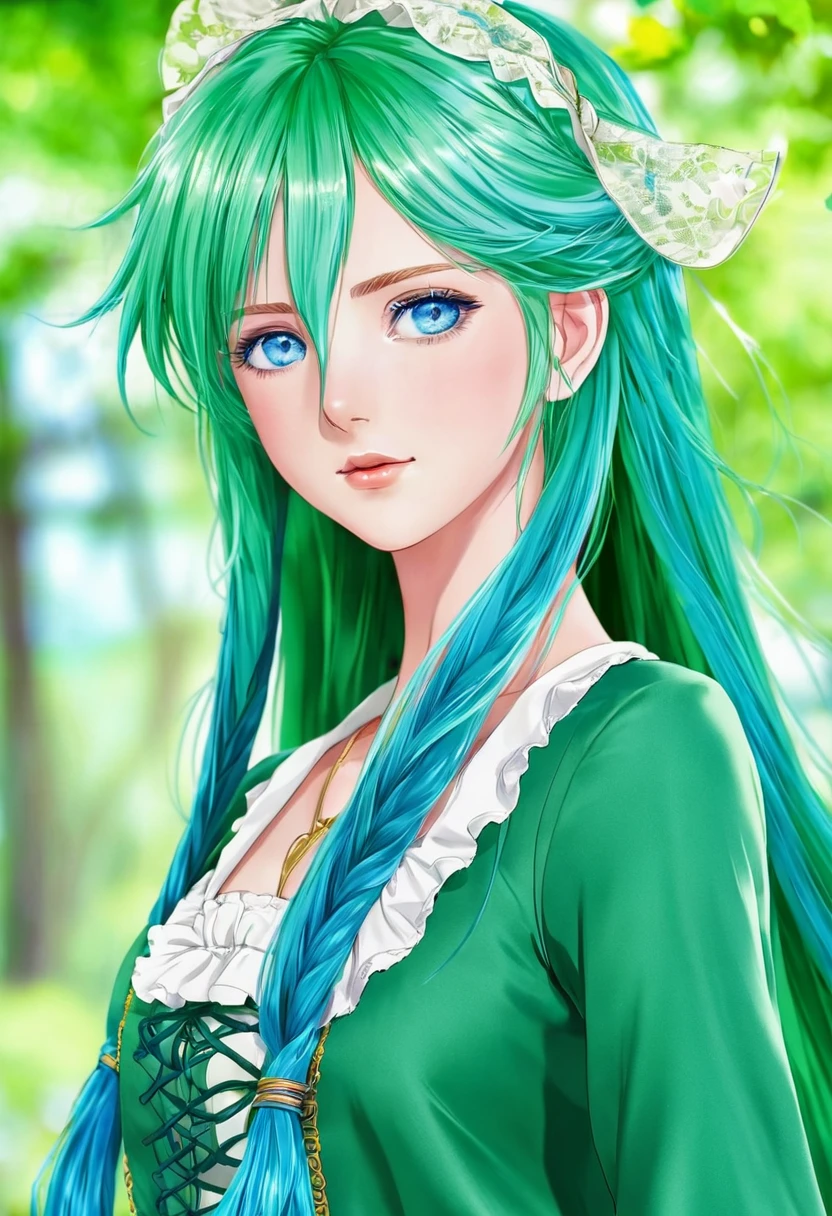 An anime girl with blue eyes, long green hair, and beautiful clothes