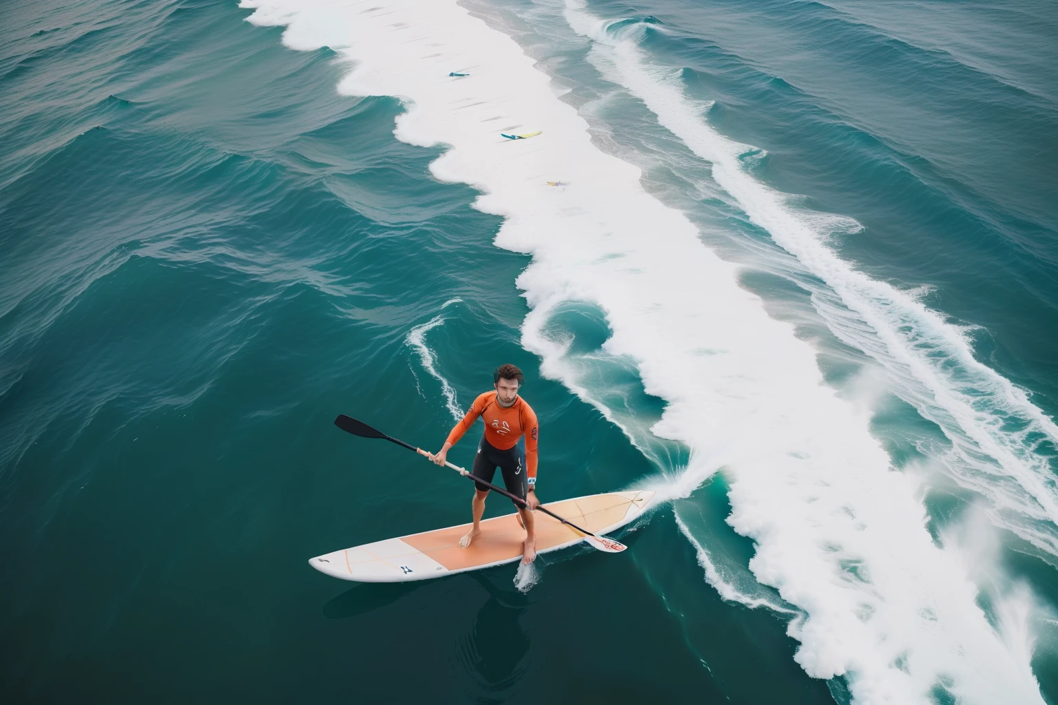 (((aerial view))). Sowell Bay, Washington, 2023. A young ((((30-year-old)) Cameron Cassmore)), on a paddlesurf board, ((frustrated expression)), ((((surf clothings from the 2020s)))), ((hairstyle of the 2020s))