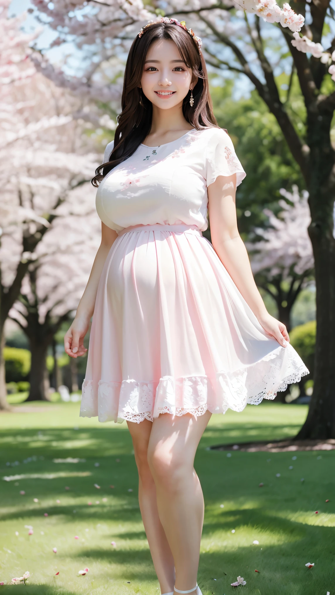 (highest quality、masterpiece、8K、best image quality、hyper realism、Award-winning work)、1 female、(alone:1.1)、(Girly Lolita T-shirt with white lace decoration:1.1)、(Very thin, sheer pink long skirt:1.1)、(Strongly blurred beautiful park background:1.1)、The most natural and perfect beautiful grass park、Perfectly maintained lawn park、Blurred cherry blossom tree in full bloom in the background、beautiful sunlight filtering through the foliage、Tyndall effect、epic movie lighting、blurred background、(Standing gracefully:1.2)、(full body photo:1.1)、(emphasize body line:1.1)、(thick legs:1.1)、(glamorous body:1.1)、(big ass:1.2)、(big breasts:1.1)、(short height:1.3)、(Height: 140cm:1.3)、accurate anatomy、perfect makeup、long eyelashes、glossy lips、Ultra high definition glossy skin、(Ultra-high definition bright and beautiful skin:1.1)、超高精細のglossy lips、Super high definition beautiful teeth、(late pregnancy:1.1)