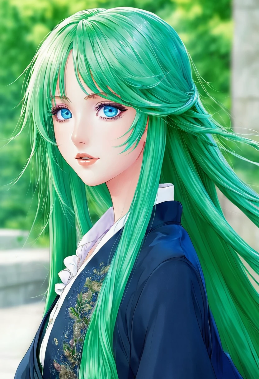 An anime girl with blue eyes, long green hair, and beautiful clothes