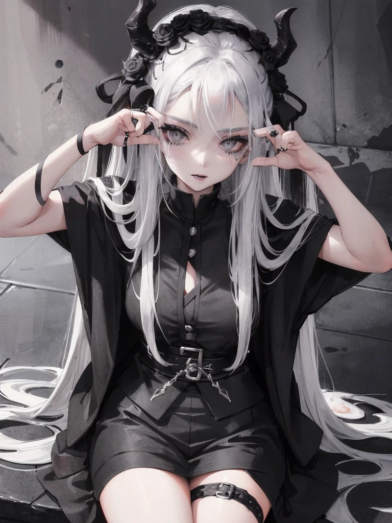 Masterpiece, best quality, high quality, ultra detailed, 1girl, looking at viewer, white hair, gray eyes, black lipstick, black shirt, sitting on a white floor, demon girl, gothcore, 1 7 - year - old, goth girl, japanese gothic, gothic punk style, black metal style, hands on head