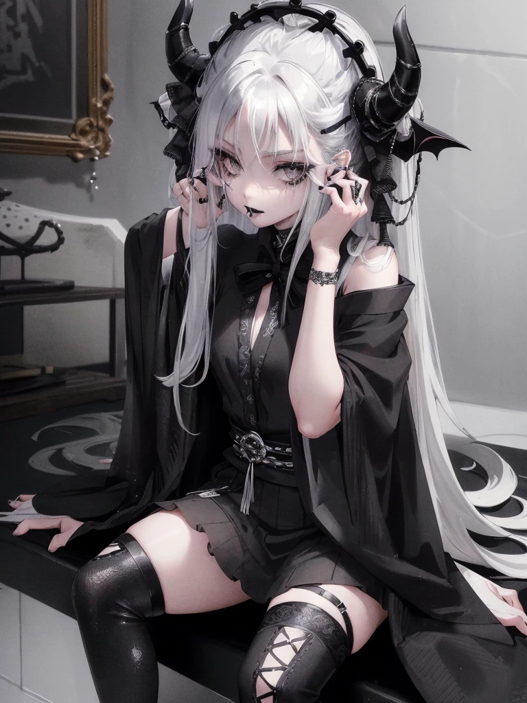 Masterpiece, best quality, high quality, ultra detailed, 1girl, looking at viewer, white hair, gray eyes, black lipstick, black shirt, sitting on a white floor, demon girl, gothcore, 1 7 - year - old, goth girl, japanese gothic, gothic punk style, black metal style, hands on head