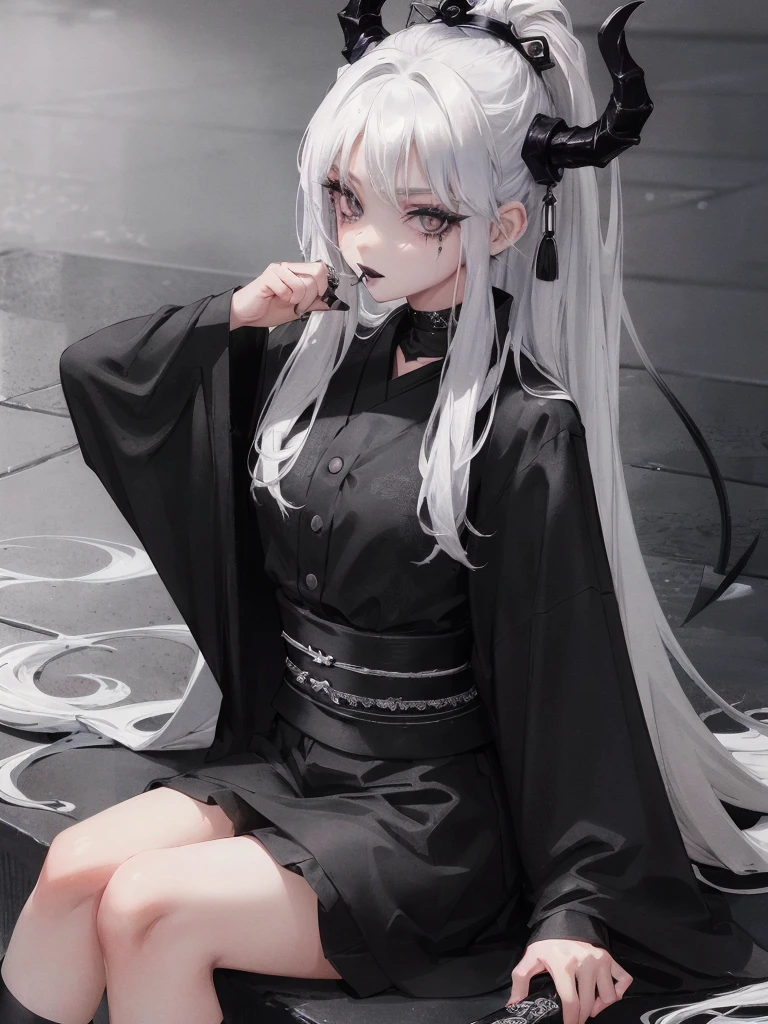 Masterpiece, best quality, high quality, ultra detailed, 1girl, looking at viewer, white hair, gray eyes, black lipstick, black shirt, sitting on a white floor, demon girl, gothcore, 1 7 - year - old, goth girl, japanese gothic, gothic punk style, black metal style, hands on head
