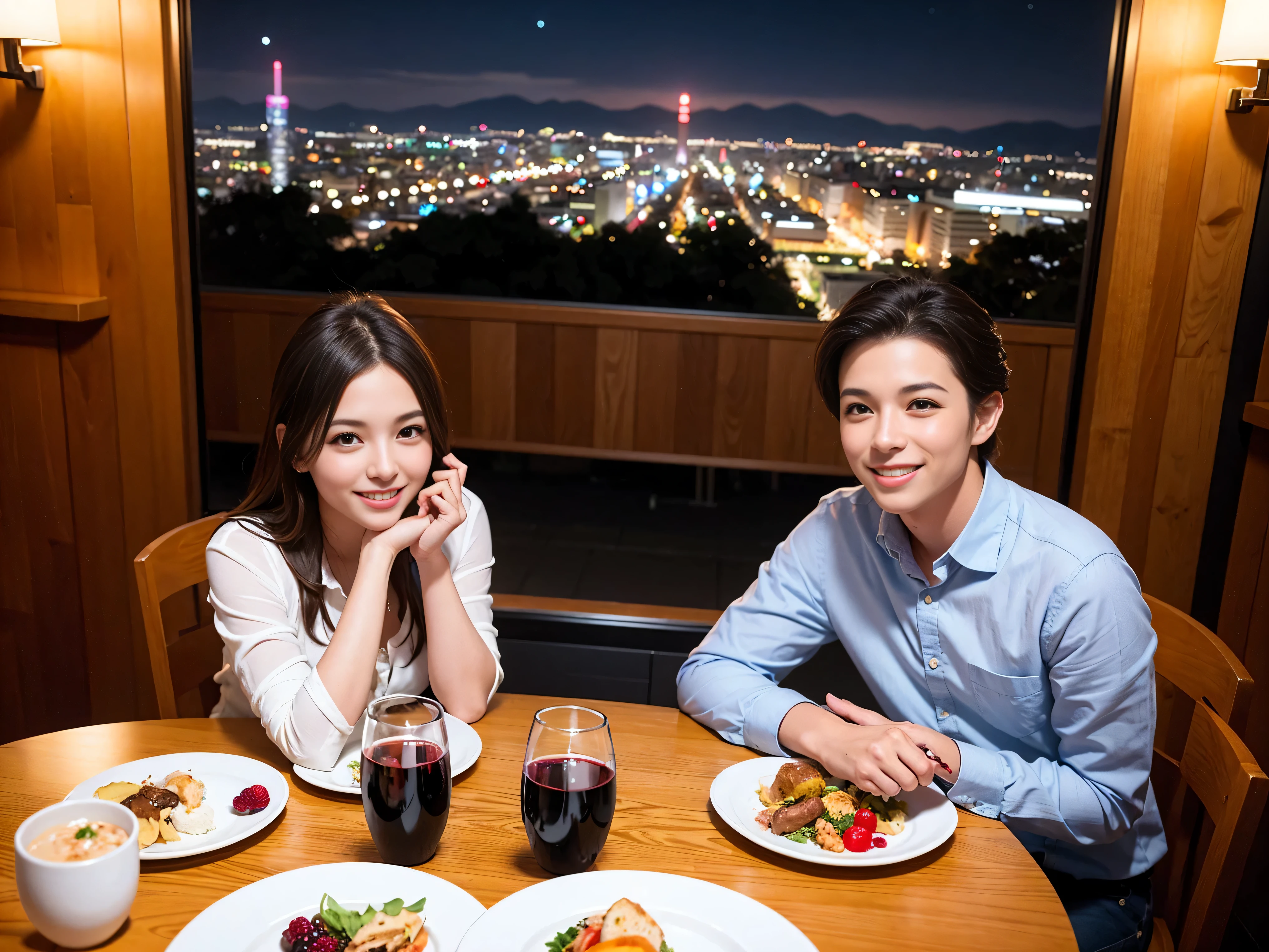 ((Highest quality、、masterpiece:1.3))、1 male、1 female、spouse、Beautiful couple、Japanese couple、smile、 (Slim face), (the body is スリム), (Brown Hair), (Shortcuts), ((Bob Hale、Straight hair:1.2)), テーブルの上のwine glass、Please shine a light on my face、 Amazing view of the sunset sky and clouds、Amazing mountain views、smileの美しさ、Bright imYear、Blushing, Shortcuts,Bright Face、 Year), 39 Year, red wine 、Appetizers、Italian food、Wine bottle、Champagne、sparkling wine、Long sleeve shirt、dress、Attractive beauty、restaurant, Nova Frog Style, actress, model, Upper Body, White wine, red wine, wine glass,