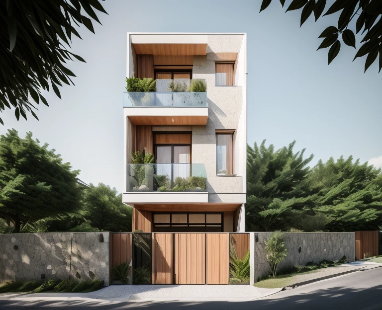 modern townhouse, street view, plants, ((streetcapes)), nice day, (stone on facade) door, window, ceiling downlight,[stone fence], (wood:0.6), clear sky, RAW photo, (high detailed skin:1.2), 8k UHD, DSLR, soft lighting, high quality, film grain, Fujifilm XT3