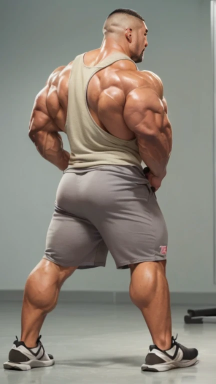 (one or two bodybuilders:1.4), (back view:1.4), (tank top:1.4), (at gym locker room:1.4), 40's, Japanese man, Chinese man, Korean man, Taiwanese man, manly face, fat face, (round face:1.4), (monolid eyes:1.2), (buzz cut:1.4), very large and strong body, bulky body, beefy muscles, (bulging muscles:1.4), (very large pectoral muscles:1.4), (muscular arms:1.4), muscular abs, muscular legs, muscular back, brightens oily skin, master piece, (realistic:1.4), panorama, distant view