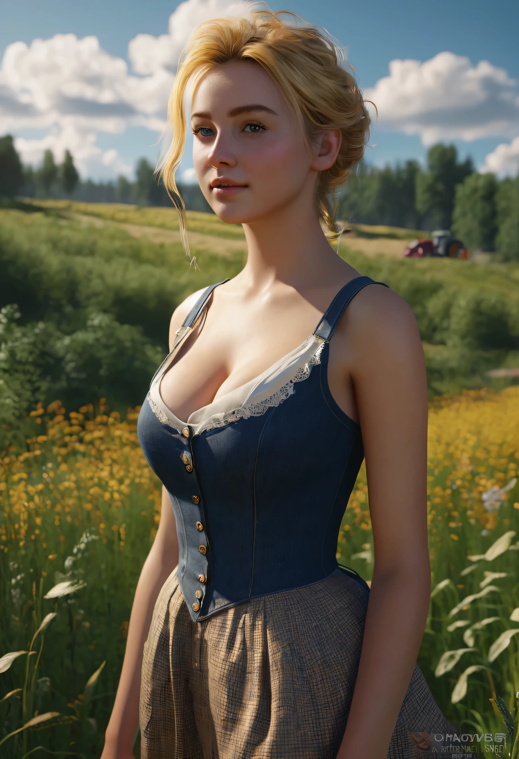 (realistic:1.3), finely detailed, quality, Rembrandt lighting, (masterpiece:1.2), (photo-realistic:1.2), (best quality), (detailed skin:1.3), (intricate details), dramatic, ray tracing, 1girl, Beautiful European girl, blonde hair, 21 years old, large breasts, front view, full body, stripped, in a meadow (Meadow, Sun, Clouds, Field, Farming, Walking trail), photo-realistic, photo, masterpiece, realistic, Realism, photo realism, High contrast, photo-realistic digital art. Artstation 8k HD Trends. Realistic detail in high resolution., Detailed, skin texture, hyper-detailed, realistic skin texture, bronya, best-Quality, extra high resolution, (photo-realistic: 1.4), Detailed, RAW photo, abrupt repetition, Nikon D850 Camera Roll. 4 Kodak Portra 400 F1 lens. 6 Rich colours, hyper realistic texture, dramatic lighting, UnrealEngine trend in Artstation Cinestill 800