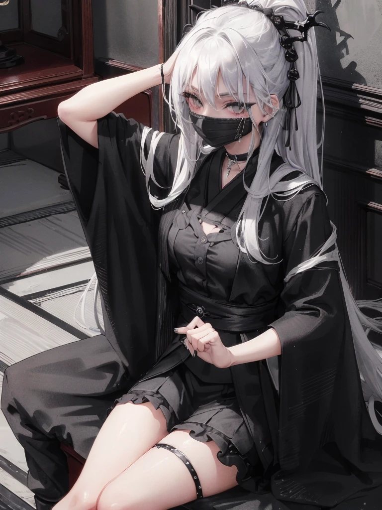 Masterpiece, best quality, high quality, ultra detailed, 1girl, looking at viewer, white hair, gray eyes, black lipstick, black shirt, sitting on a white floor, demon girl, gothcore, 1 7 - year - old, goth girl, japanese gothic, gothic punk style, black metal style, hands on head