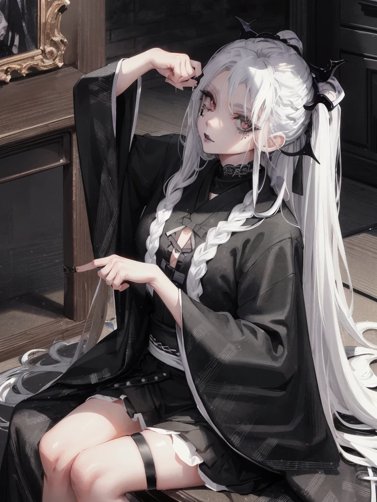 Masterpiece, best quality, high quality, ultra detailed, 1girl, looking at viewer, white hair, gray eyes, black lipstick, black shirt, sitting on a white floor, demon girl, gothcore, 1 7 - year - old, goth girl, japanese gothic, gothic punk style, black metal style, hands on head