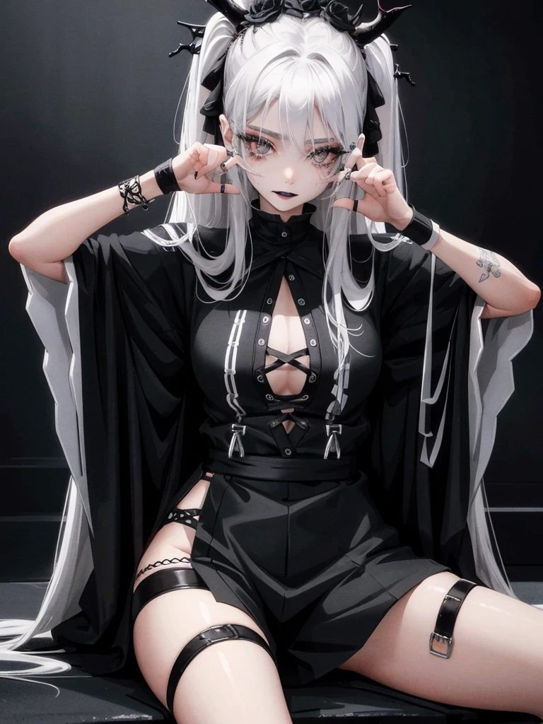 Masterpiece, best quality, high quality, ultra detailed, 1girl, looking at viewer, white hair, gray eyes, black lipstick, black shirt, sitting on a white floor, demon girl, gothcore, 1 7 - year - old, goth girl, japanese gothic, gothic punk style, black metal style, hands on head