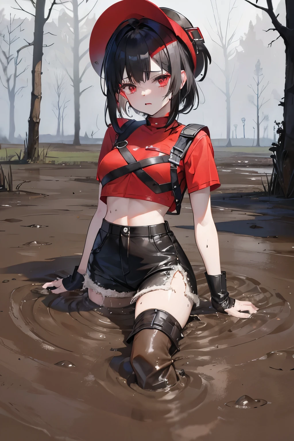 black hair, red highlights, Wolf Cut Hairstyle, Wearing a crop top, wearing a hat, wearing boots，clear lines, Image resolution 1024px, Struggling in the muddy swamp, Legs stuck in the mud, Covered with mud, With an expression of despair，Crying