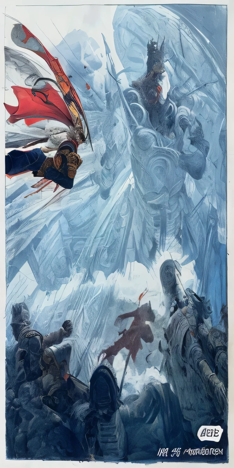 Sun Wukong is flying towards the villain,The villain is a heavenly soldier,Below is the wounded soldier lying on the ground,Epic feeling