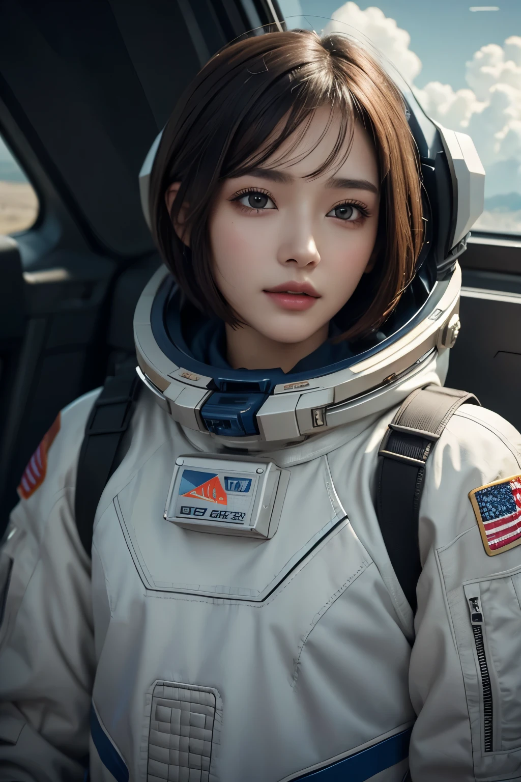 highest quality、masterpiece、ultra high resolution、(real:1.4)、Beautiful woman１、Beautiful details of eyes and skin、light brown short cut hair、small smile、latest space suit、space station、spaceship、Remains、cloudy sky、