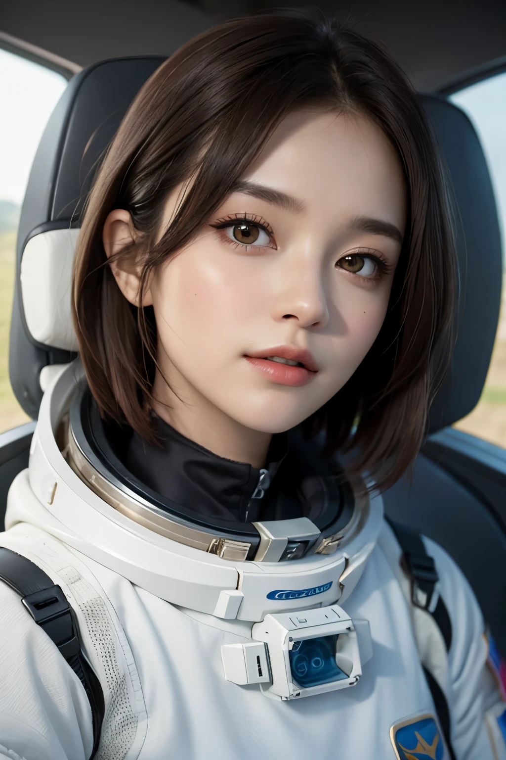 highest quality、masterpiece、ultra high resolution、(real:1.4)、Beautiful woman1、Beautiful details of eyes and skin、light brown short cut hair、small smile、latest space suit、space station、spaceship、Remains、cloudy sky、
