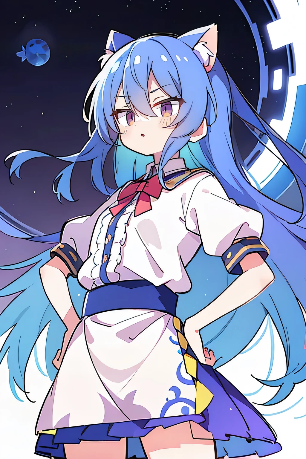(masterpiece),best quality, expressive eyes, perfect face, 1girl,
Put your hands on your waist,fair, Gorgeous,Japanese cartoons,girl,lola,Hina Angel, blue hair, blue haired, floating clothes,Grab your waist, Grab your waist, hands on hips , hands on hips,flat chest,cat ear,starry sky,Starry sky eyes,