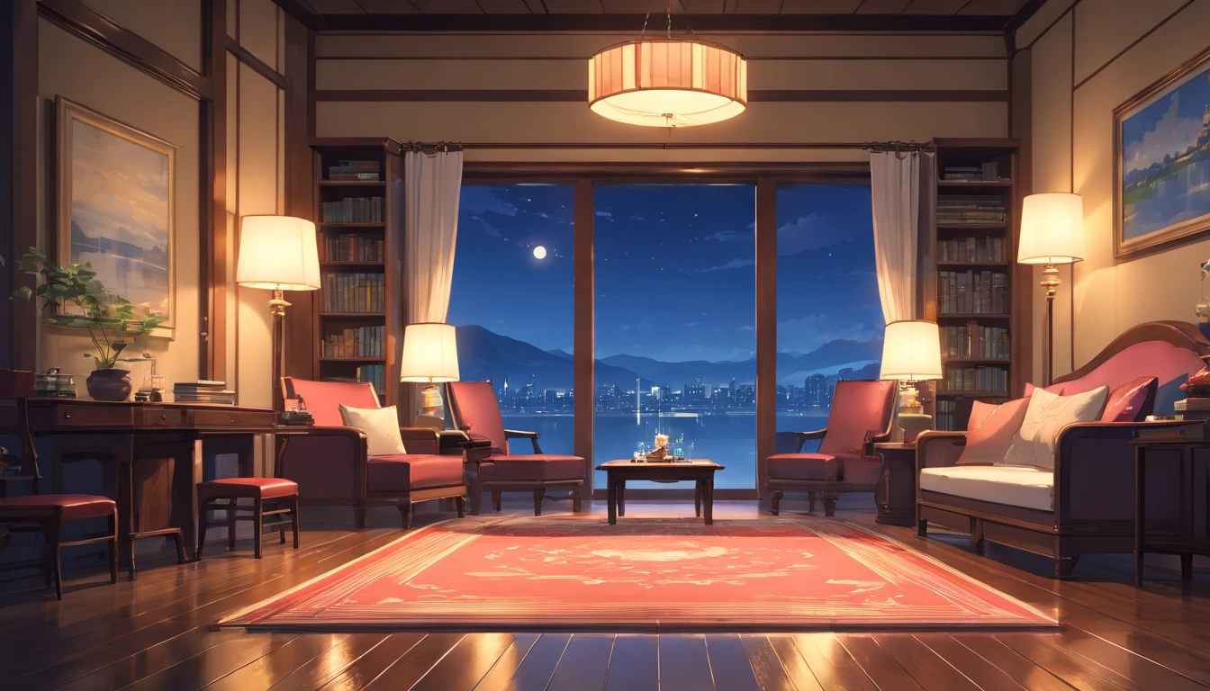 from the windows, wooden floor, elegant white curtains, high ceiling, soft white carpet, cozy fireplace, dark, a glass of fine red wine, plush cushions, intricate woodwork, antique decor, oil painting on the wall, bookshelf filled with leather-bound books, a glimpse of city lights in the distance, ground floor, white sofa, four dark blue pillows, a sense of tranquility and opulence. (best quality, highres), (luxurious:1.2), (moonlit), (sophisticated:1.1), (classical music), (quiet atmosphere), (subtle elegance), (cold and dark), (serene), (expensive taste), (refined craftsmanship), (exquisite attention to detail), (atmosphere of indulgence), (time-honored traditions), (exclusivity), (lavish comfort).