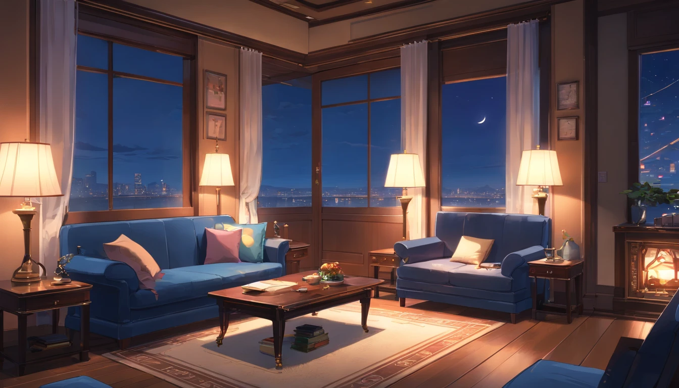 from the windows, wooden floor, elegant white curtains, high ceiling, soft white carpet, cozy fireplace, dark, a glass of fine red wine, plush cushions, intricate woodwork, antique decor, oil painting on the wall, bookshelf filled with leather-bound books, a glimpse of city lights in the distance, ground floor, white sofa, four dark blue pillows, a sense of tranquility and opulence. (best quality, highres), (luxurious:1.2), (moonlit), (sophisticated:1.1), (classical music), (quiet atmosphere), (subtle elegance), (cold and dark), (serene), (expensive taste), (refined craftsmanship), (exquisite attention to detail), (atmosphere of indulgence), (time-honored traditions), (exclusivity), (lavish comfort).