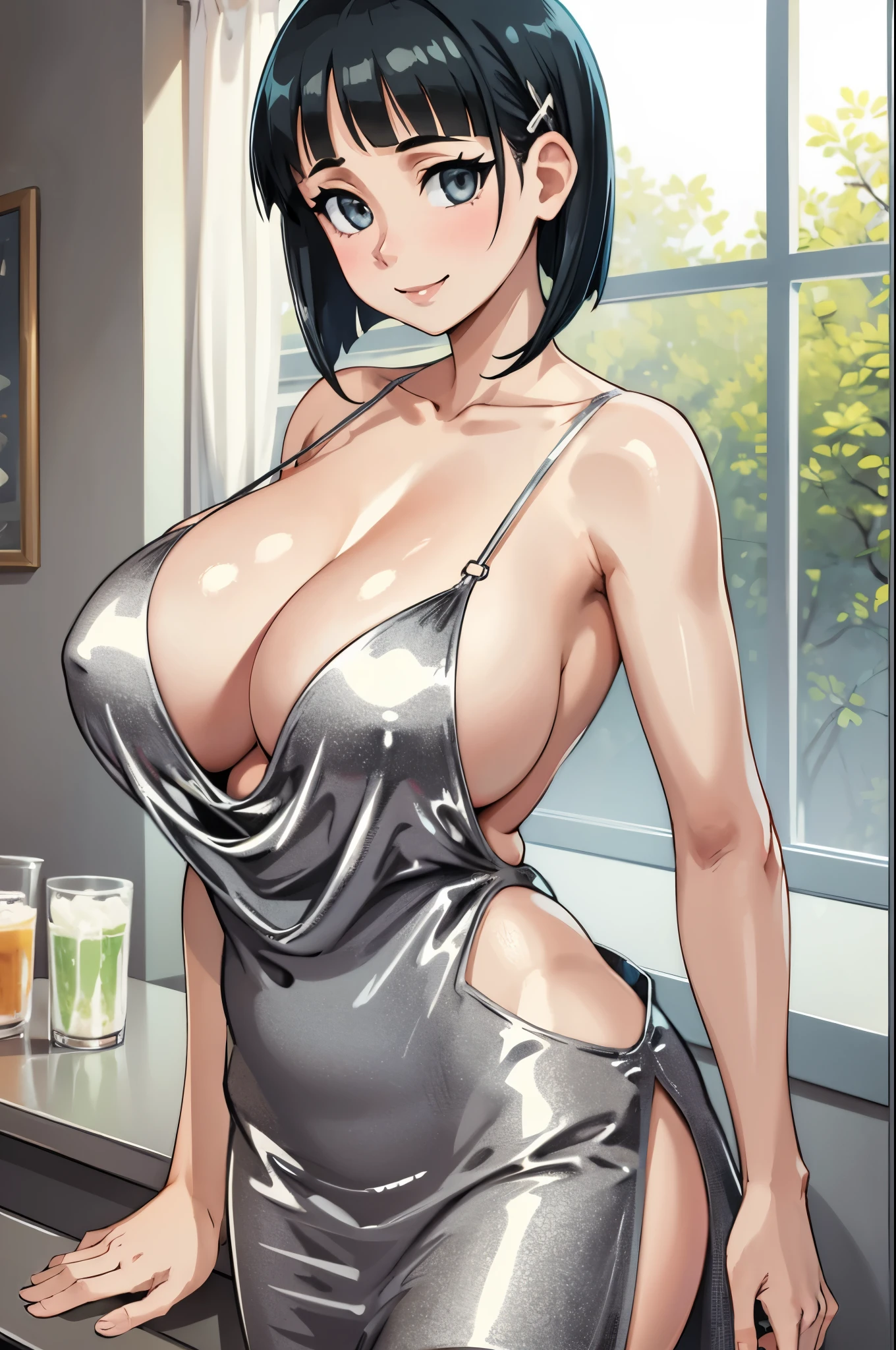 (masterpiece, official art), 1girl, solo, thick, curvy, curvaceous, black hair, grey eyes, short bob, hair clip, kirigaya suguha, (closeup), portrait, (huge breasts), standing, view from front, indoors, at bar, silver dress, looking at viewer, (upper body), smile, seductive, alluring attire, (cleavage), open shoulders, evening gown, plunging neckline, stlouis