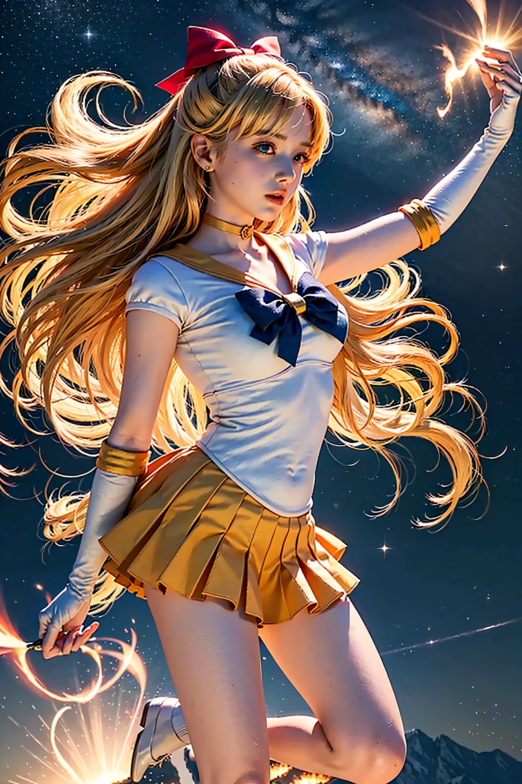 masterpiece, best quality, mackerel, sv1, 1 woman, alone, Sailor Sensi Uniform, Sailor Venus, blonde hair, Magic Girl, (blue eyes:0.8), Orange skirt, elbow gloves, tiara, pleated skirt, hair bow, orange sailor necklace, mini skirt, choker, red bow, orange choker, white gloves, very long hair, bijouterie, earring, enlargement, whole body, dynamic posture, space background, shooting star, strong rays,