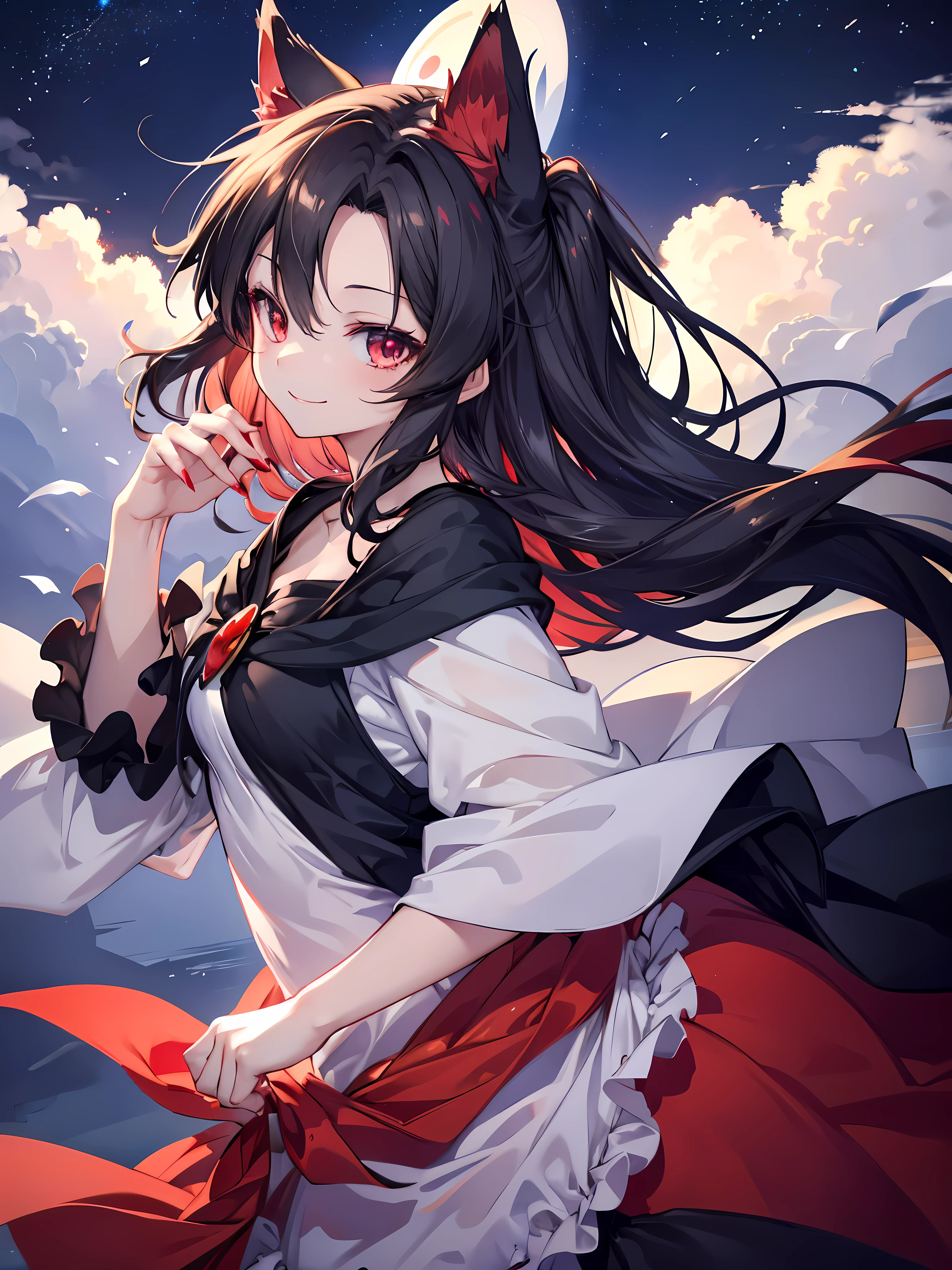 Imaizumi Kagerou、red nails、innocent smile、A childish smile、night sky background、8K、highest quality、high resolution