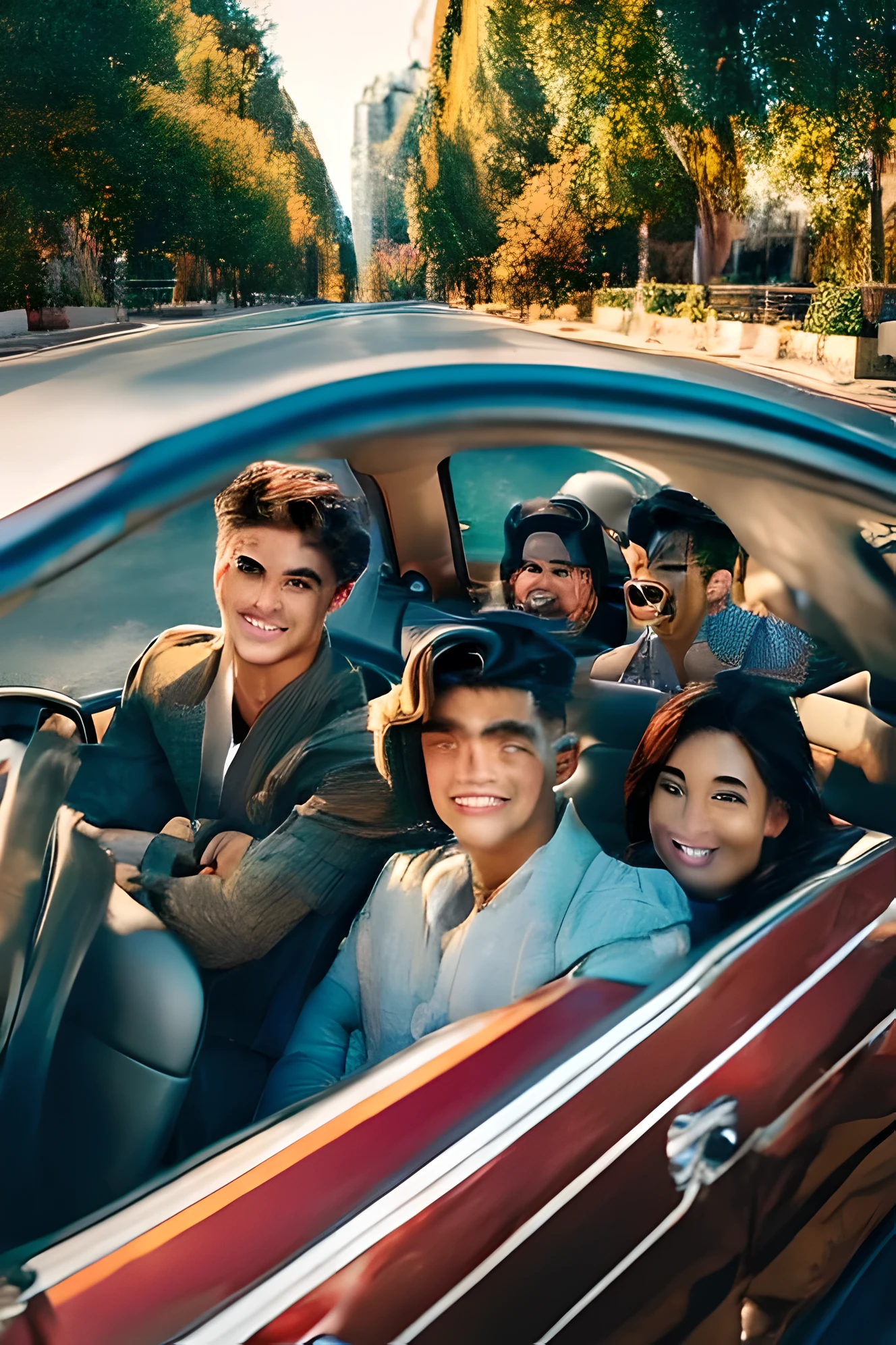Four college men and women driving happily in a convertible car.