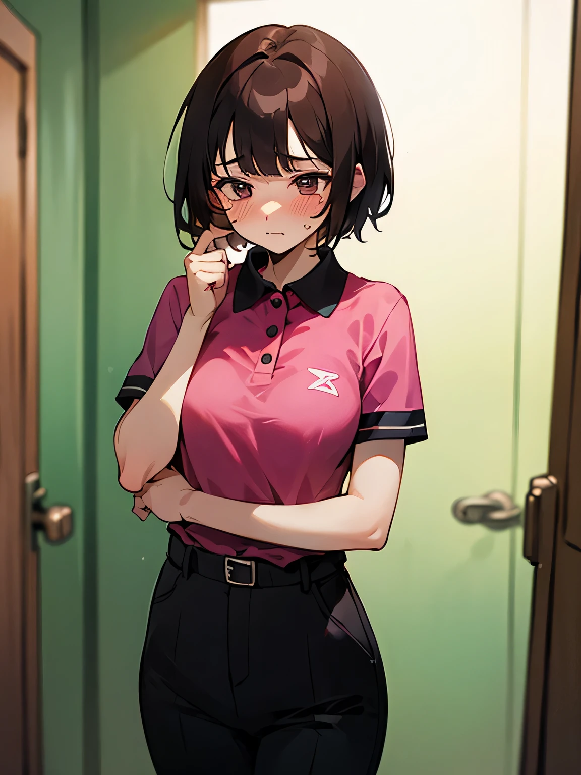 highest quality, High resolution, 1 girl, focus only, (big breasts:0.01), it is in it, topless, black pants, blush, embarrassing,Reluctant, short hair, dark hair, examination room, magenta polo shirt, doctors around,  behind