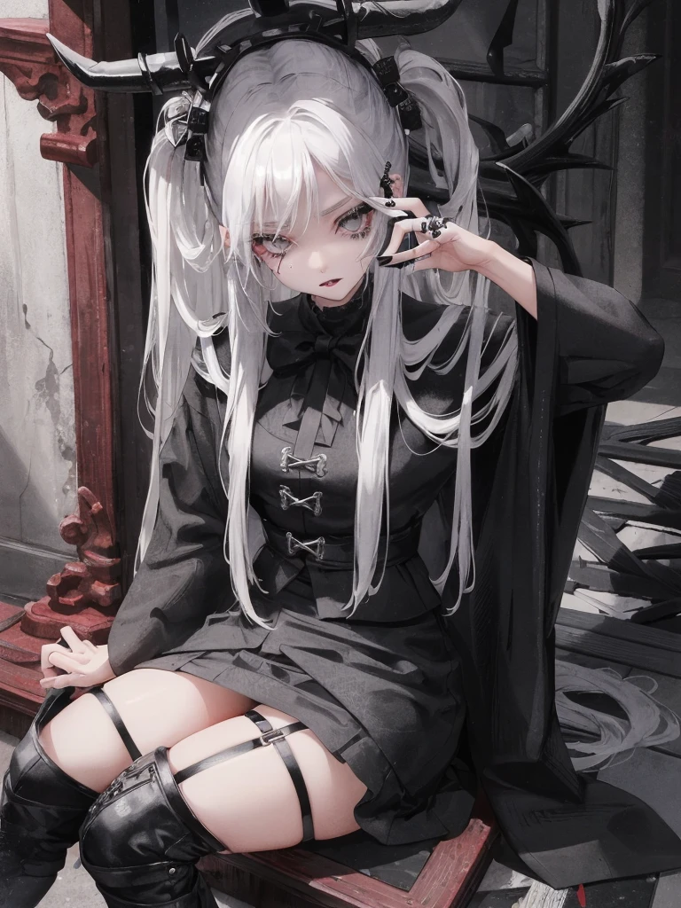 Masterpiece, best quality, high quality, ultra detailed, 1girl, looking at viewer, white hair, gray eyes, black lipstick, black shirt, sitting on a white floor, demon girl, gothcore, 1 7 - year - old, goth girl, japanese gothic, gothic punk style, black metal style, hands on head