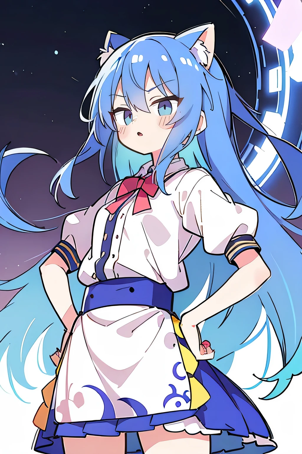 (masterpiece),best quality, expressive eyes, perfect face, 1girl,
Put your hands on your waist,fair, Gorgeous,Japanese cartoons,girl,lola,Hina Angel, blue hair, blue haired, floating clothes,Grab your waist, Grab your waist, hands on hips , hands on hips,flat chest,cat ear,starry sky,Starry sky eyes,